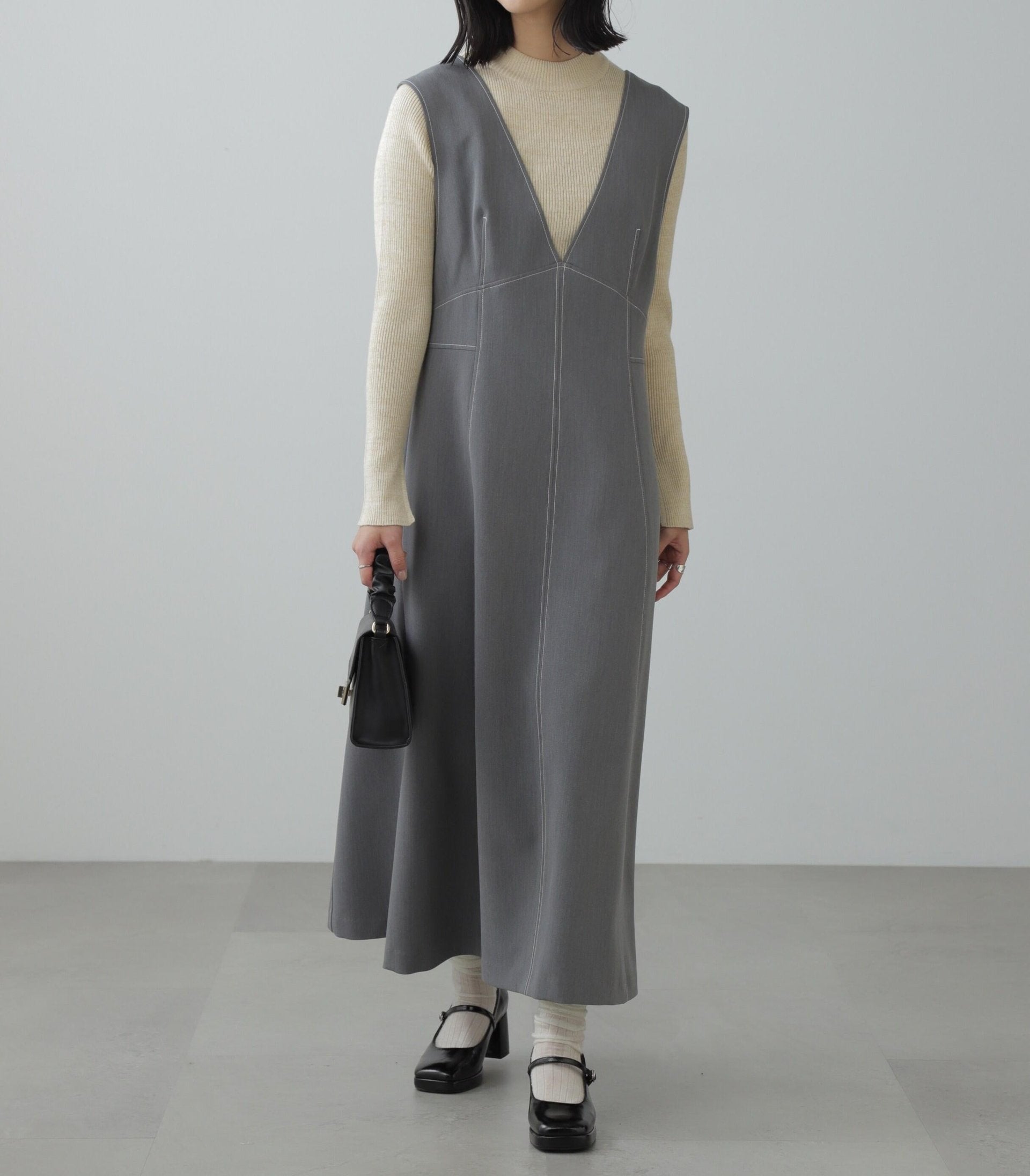 配色ステッチジャンスカ グレー