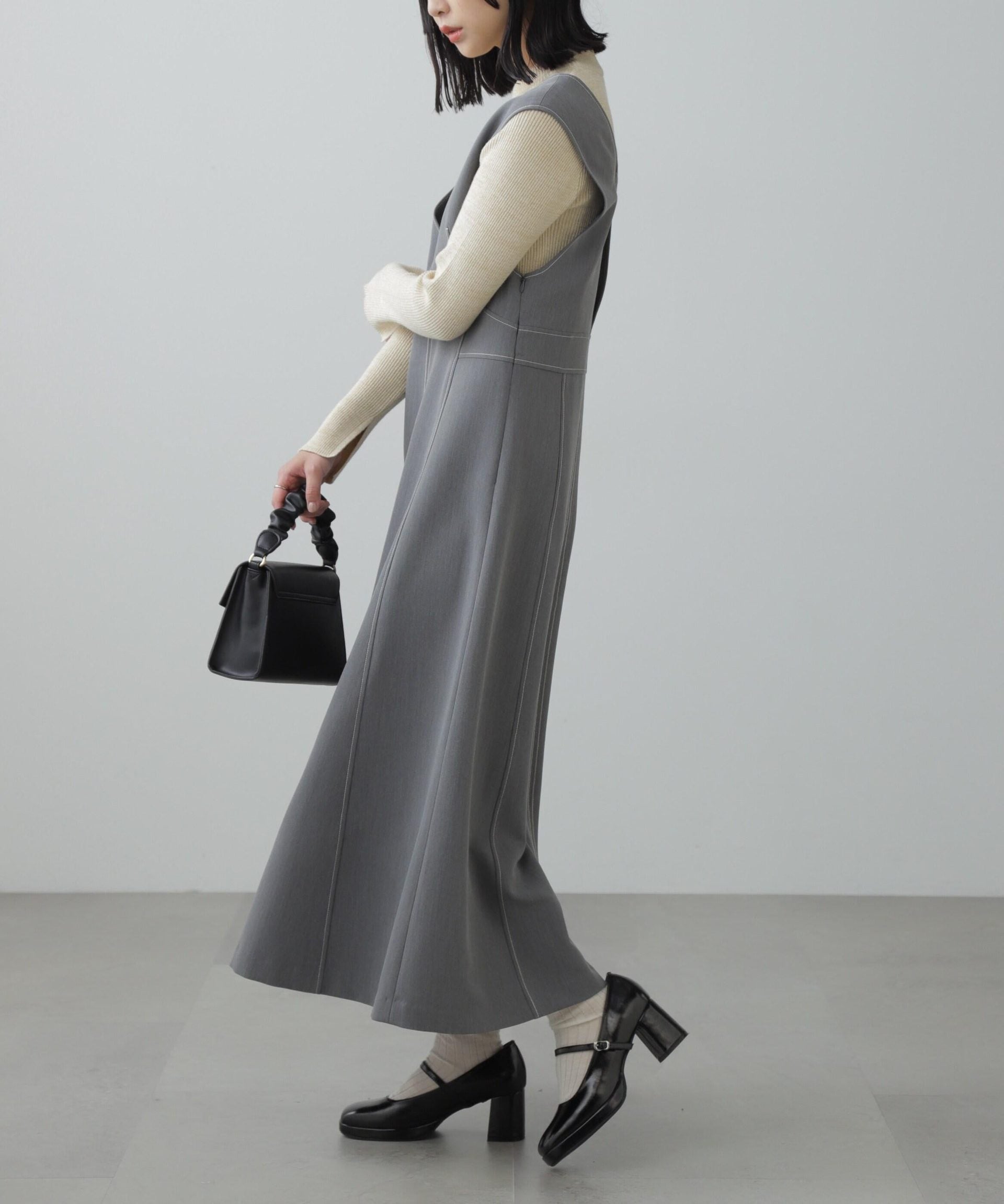 配色ステッチジャンスカ グレー