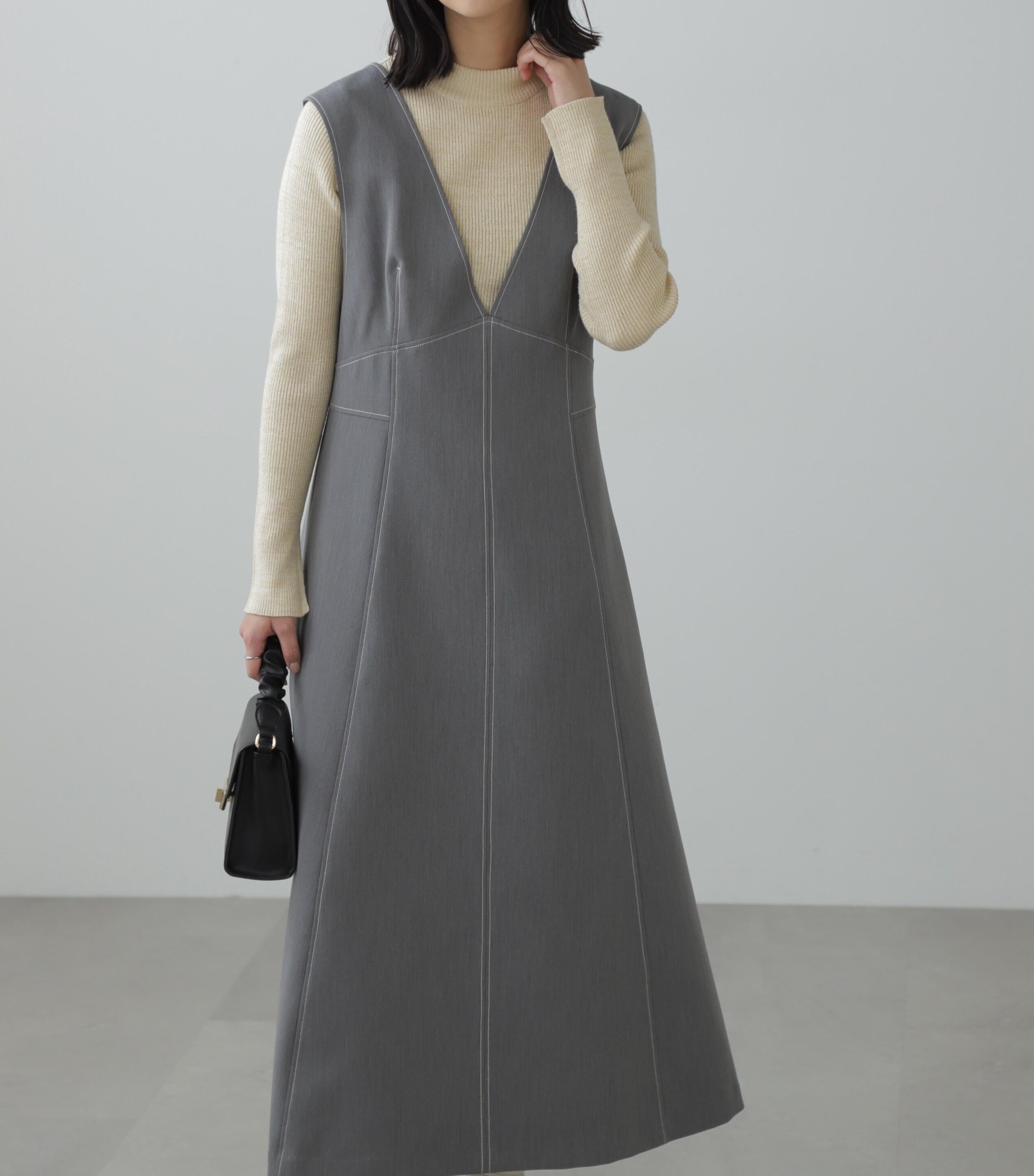 配色ステッチジャンスカ グレー