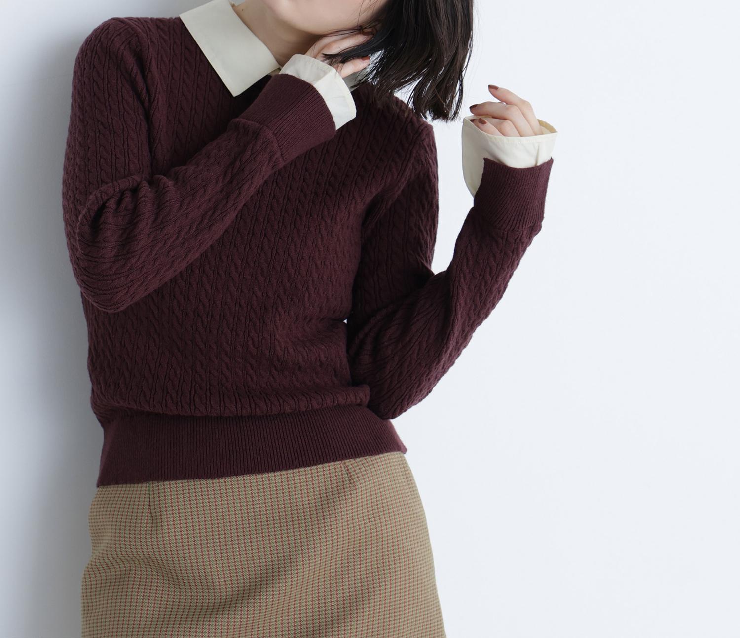 シャツカラードッキングケーブルニット ブラウン×イエロー2