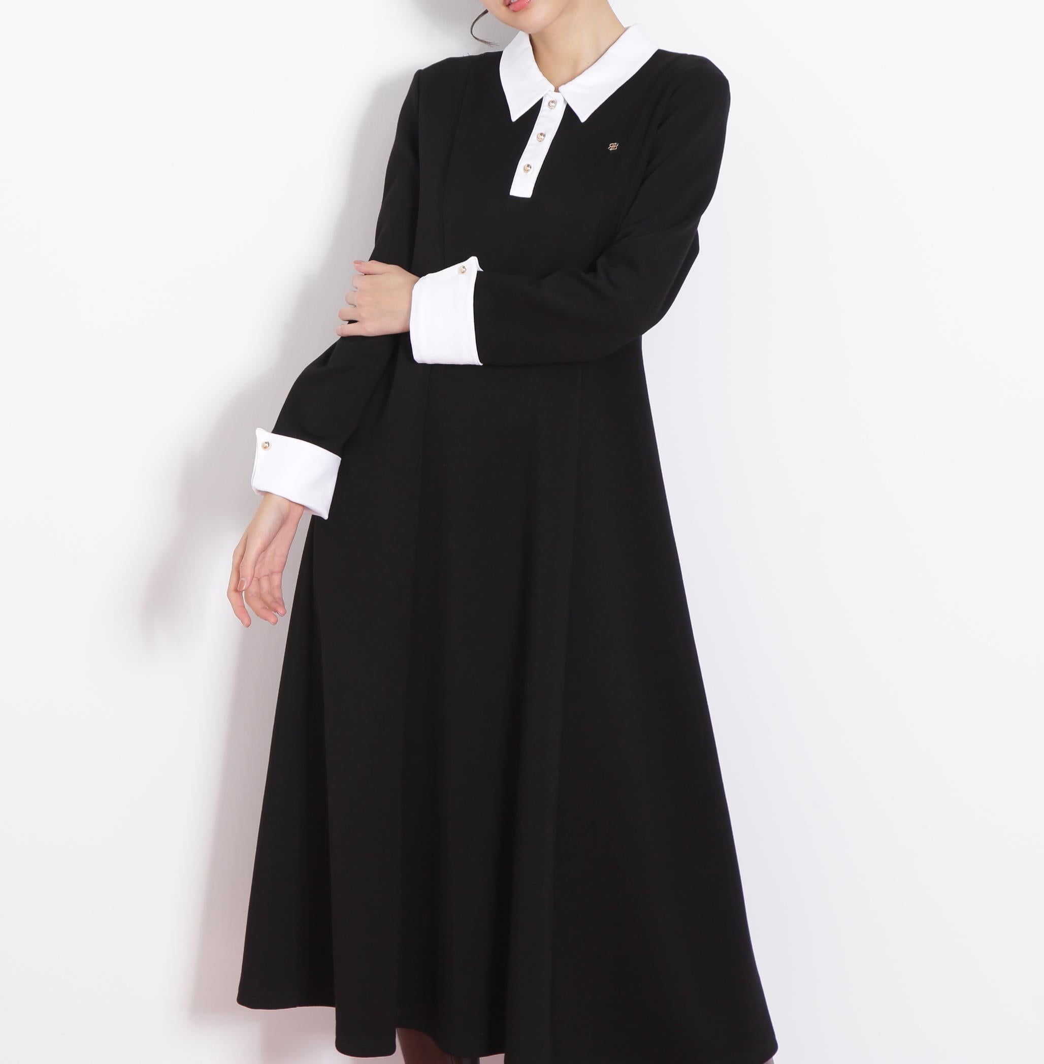 ポロ衿カットソーフレアワンピース ブラック