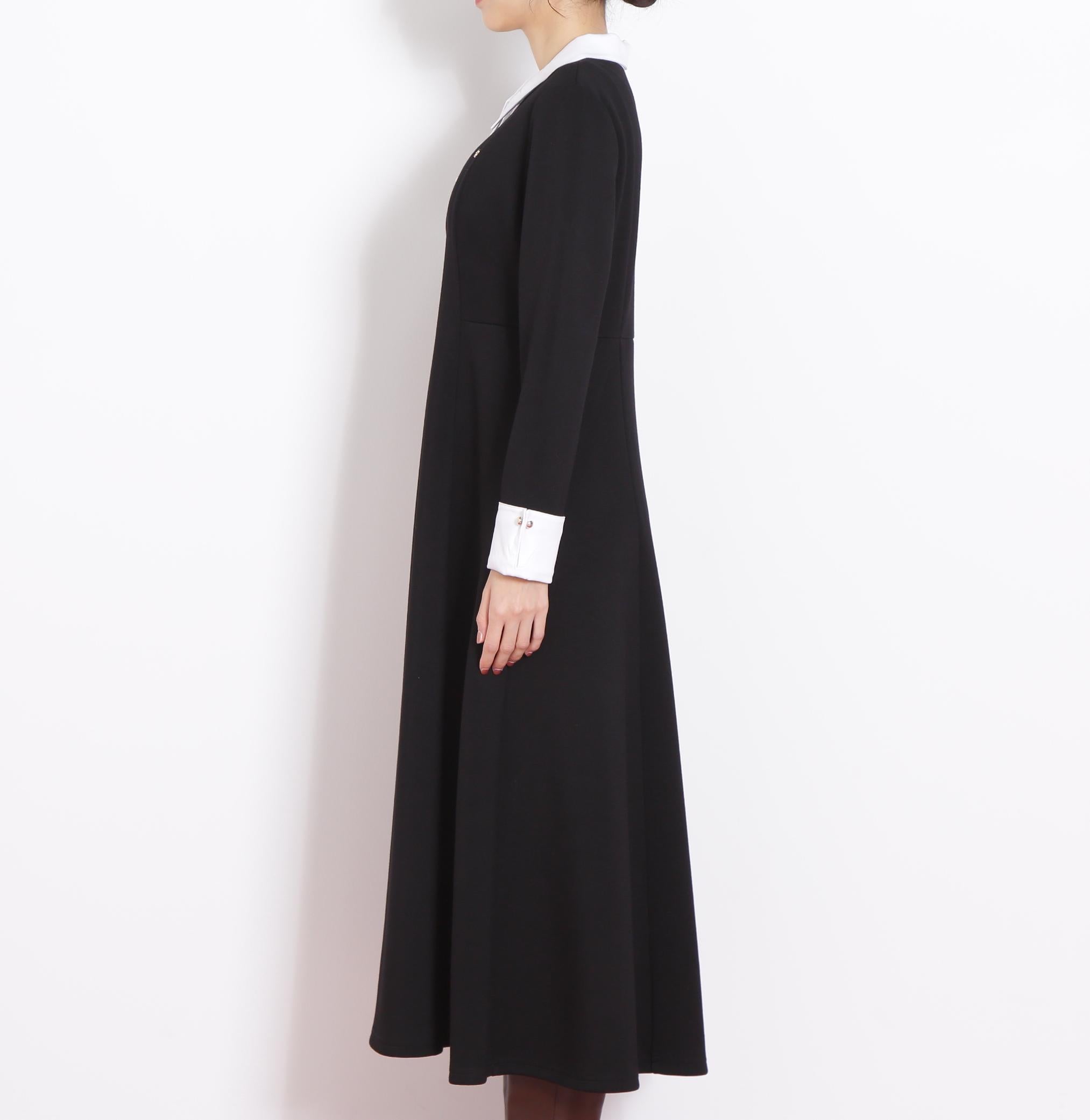 ポロ衿カットソーフレアワンピース ブラック