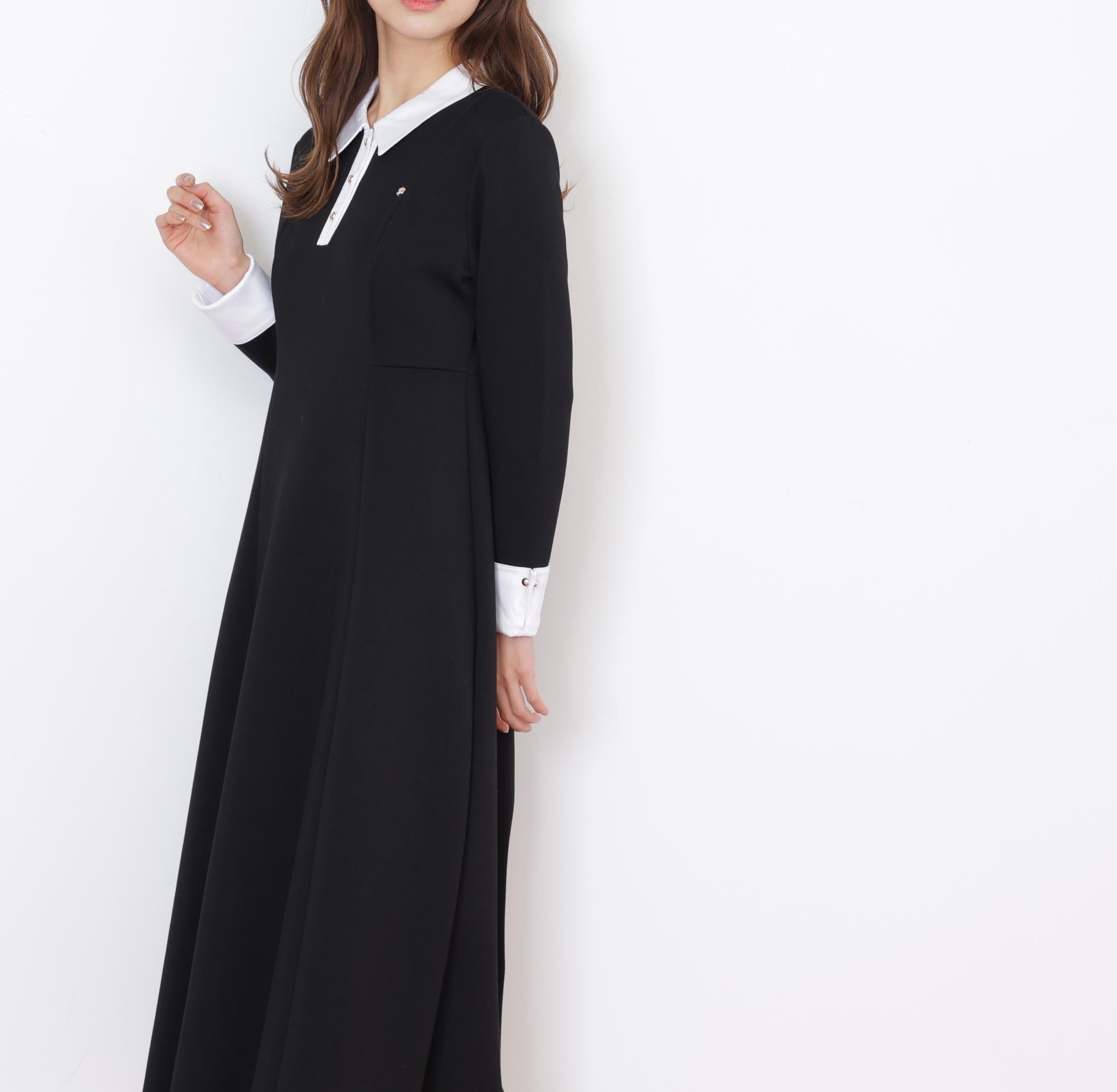 ポロ衿カットソーフレアワンピース ブラック