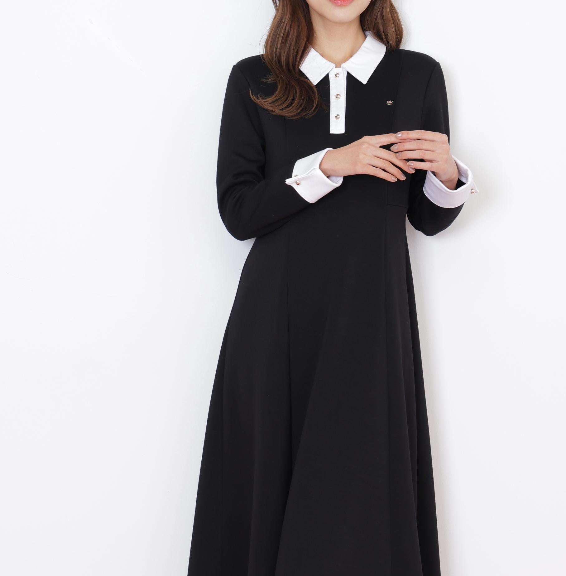 ポロ衿カットソーフレアワンピース ブラック