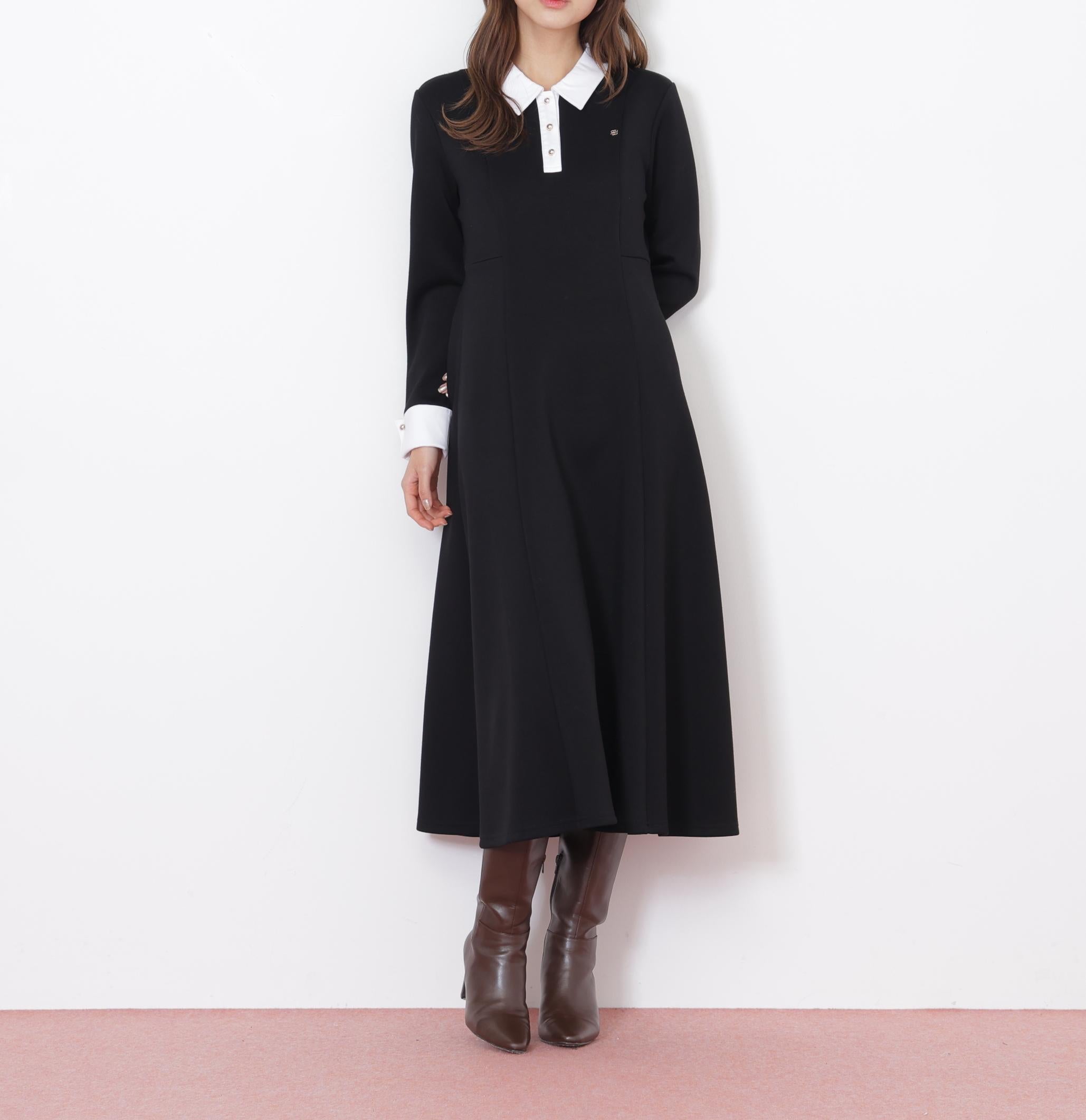 ポロ衿カットソーフレアワンピース ブラック