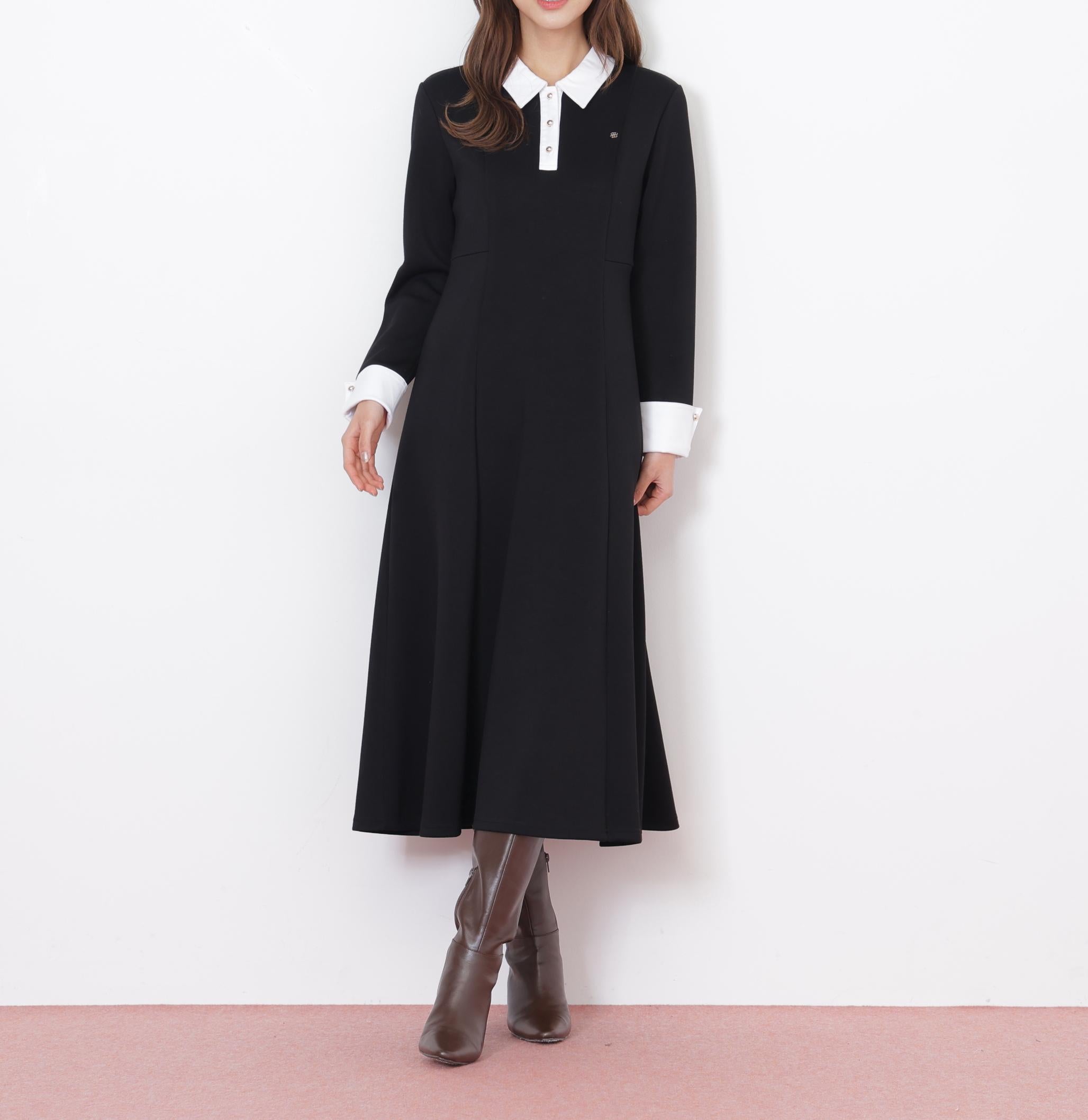 ポロ衿カットソーフレアワンピース ブラック