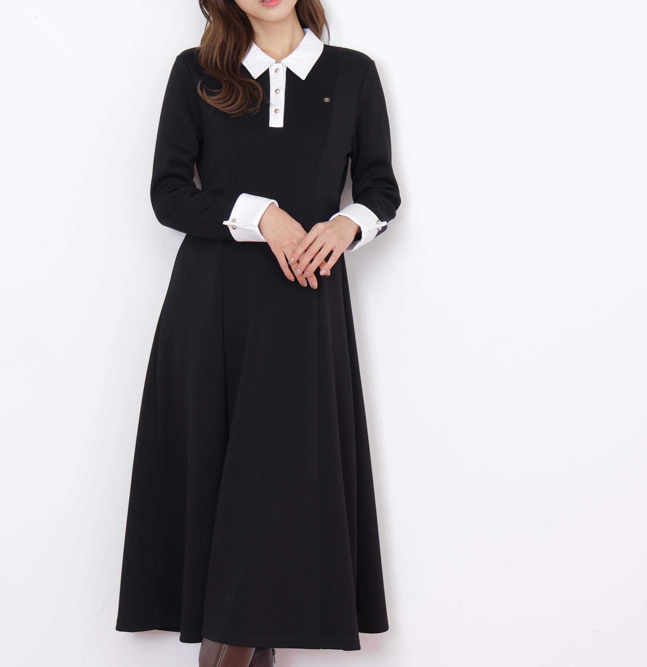 ポロ衿カットソーフレアワンピース ブラック