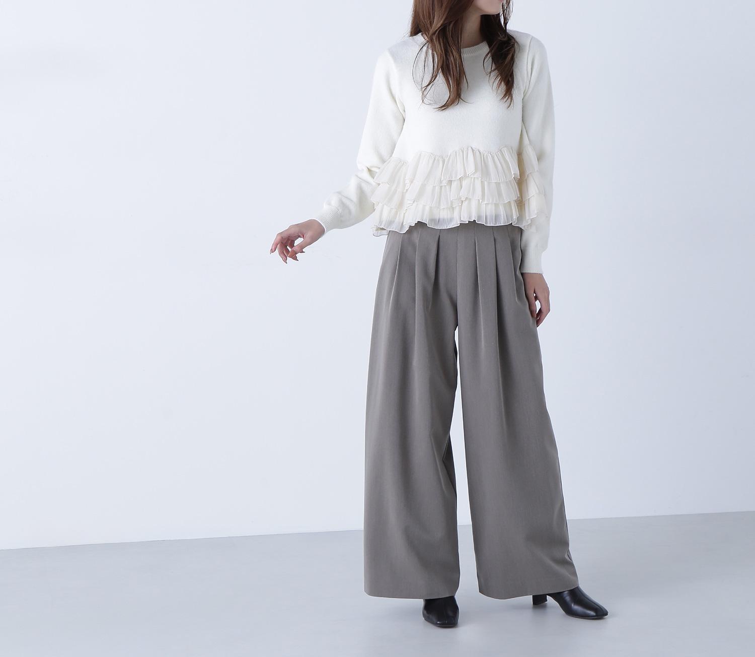 ウエストラインタックワイドパンツ ブラウン