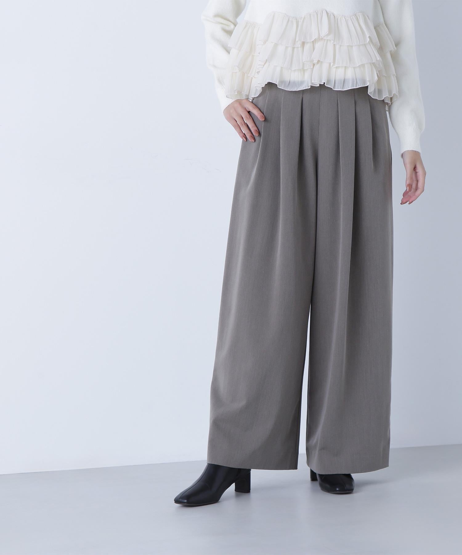 ウエストラインタックワイドパンツ ブラウン