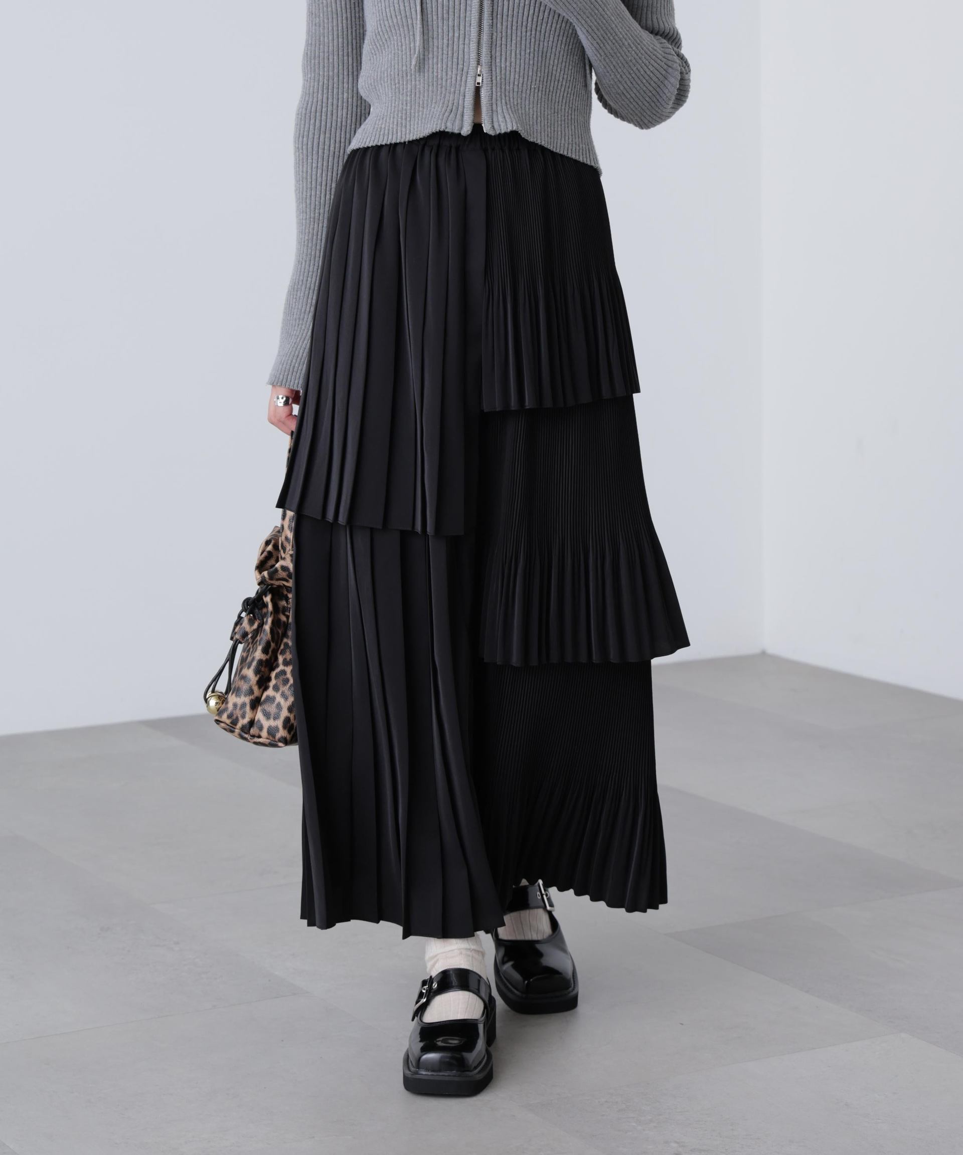 ランダムプリーツティアードスカート ブラック