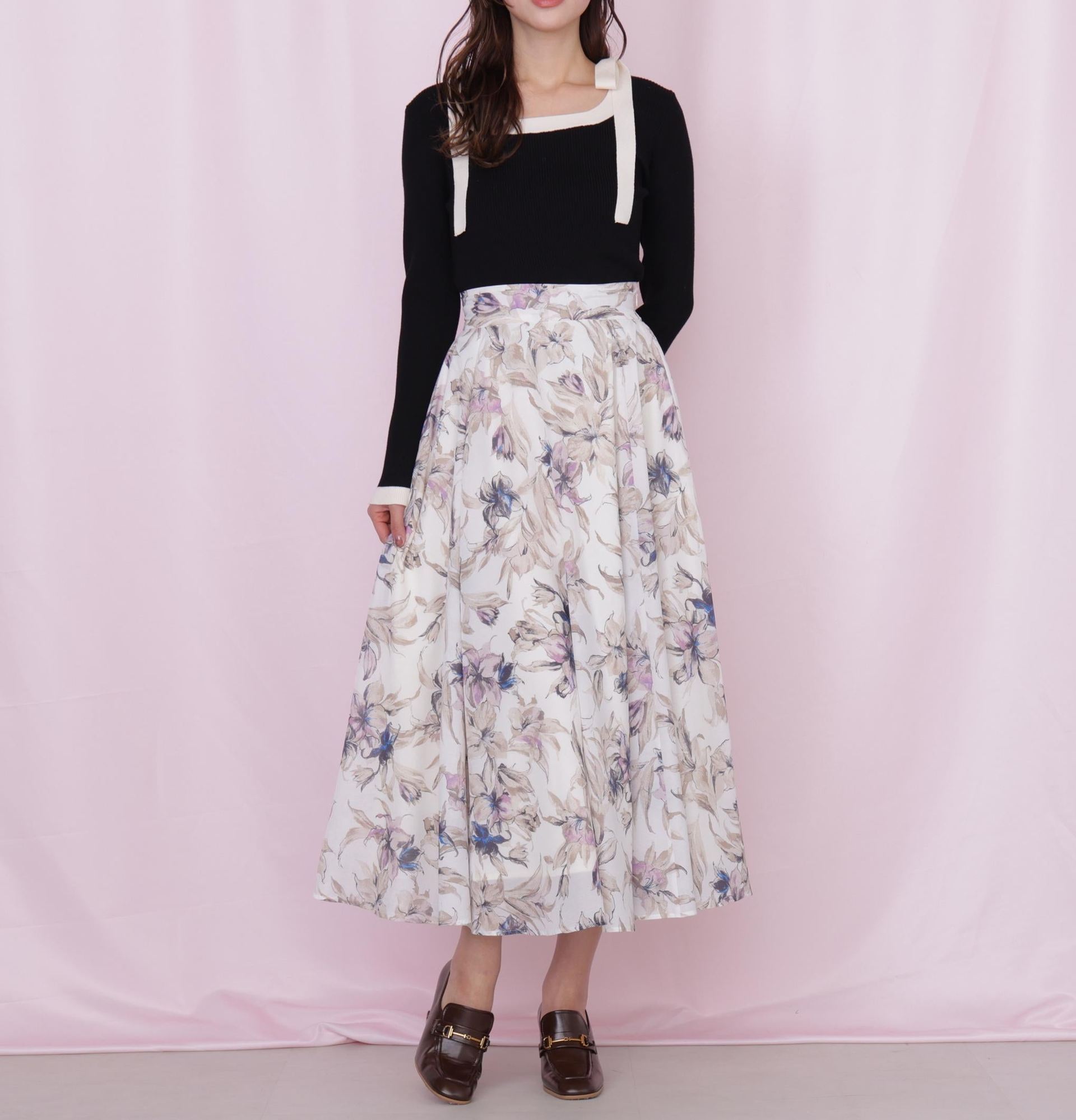 肩リボン配色ニット ブラック