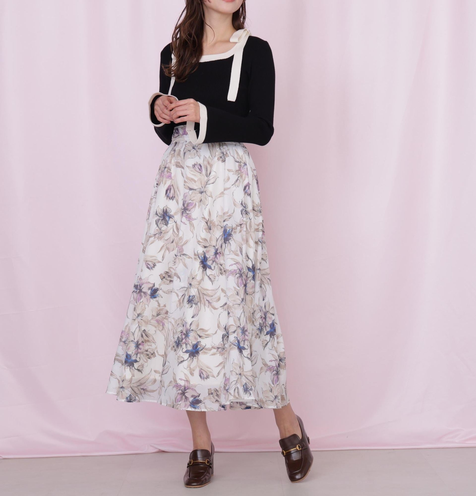 肩リボン配色ニット ブラック