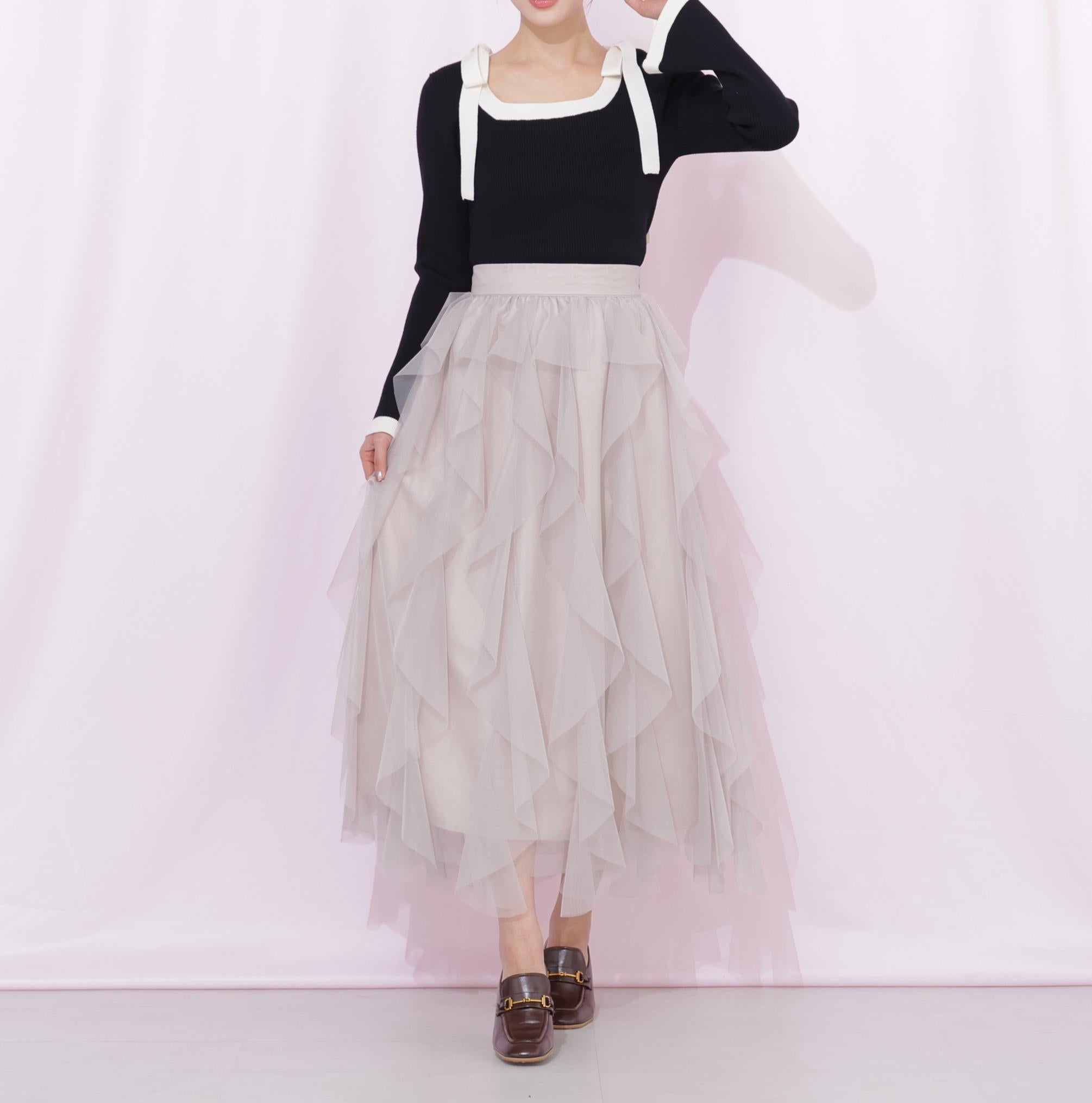 肩リボン配色ニット ブラック