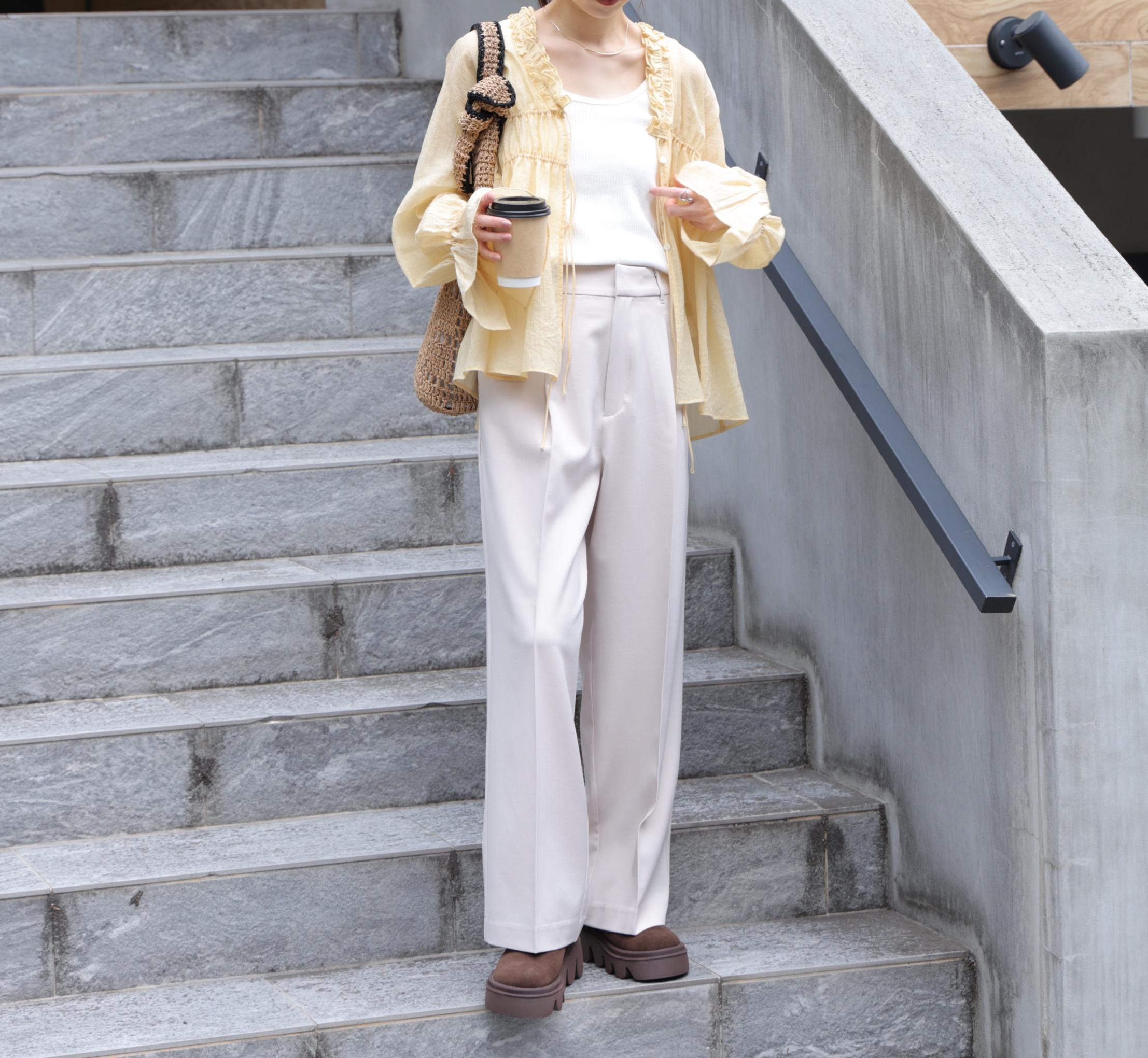 ワンタックワイドパンツ[切らずに履ける身長別サイズ/低身長/高身長/5サイズ5色/洗える/防シワ オフベージュ