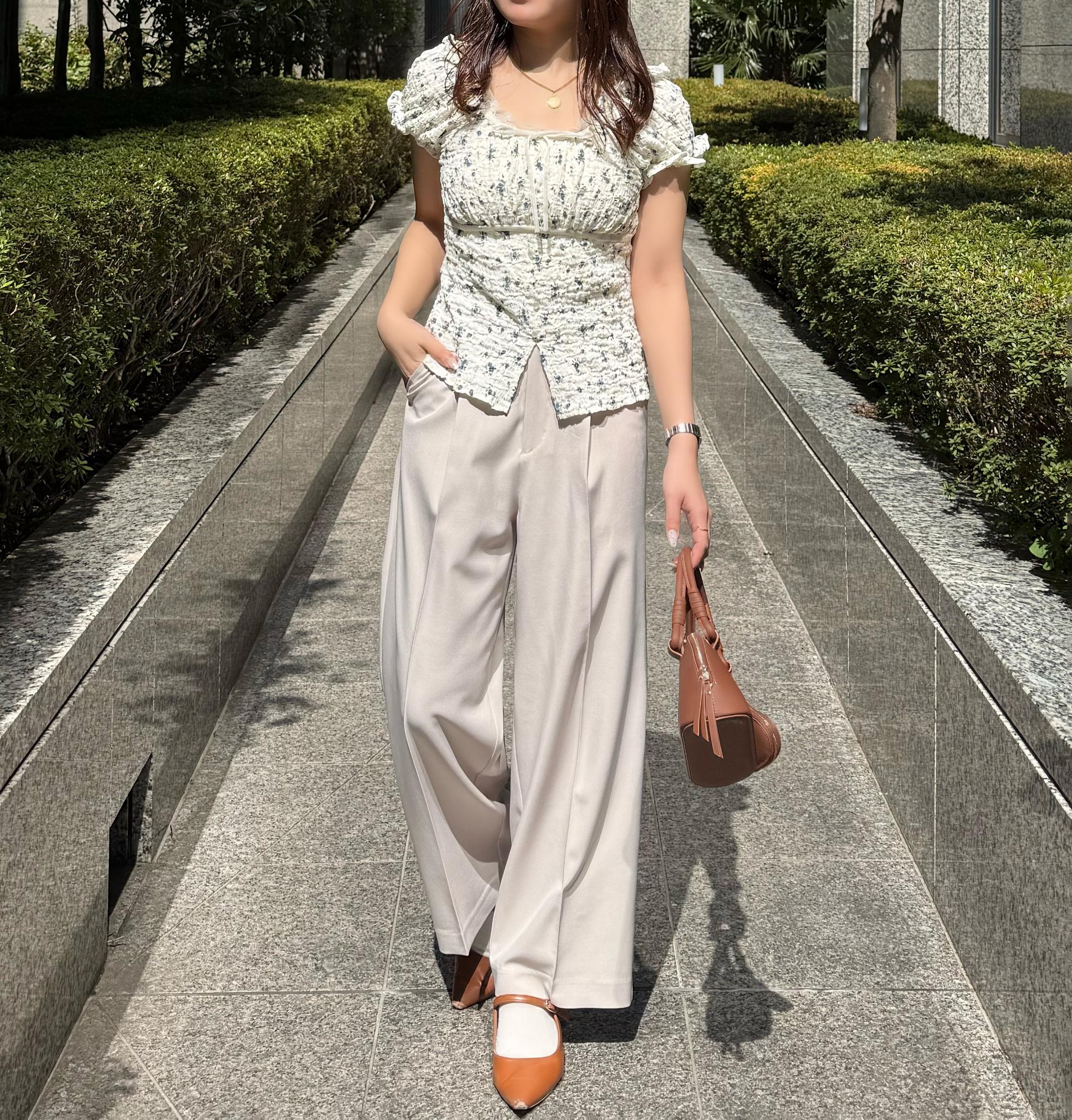 ワンタックワイドパンツ[切らずに履ける身長別サイズ/低身長/高身長/5サイズ5色/洗える/防シワ オフベージュ