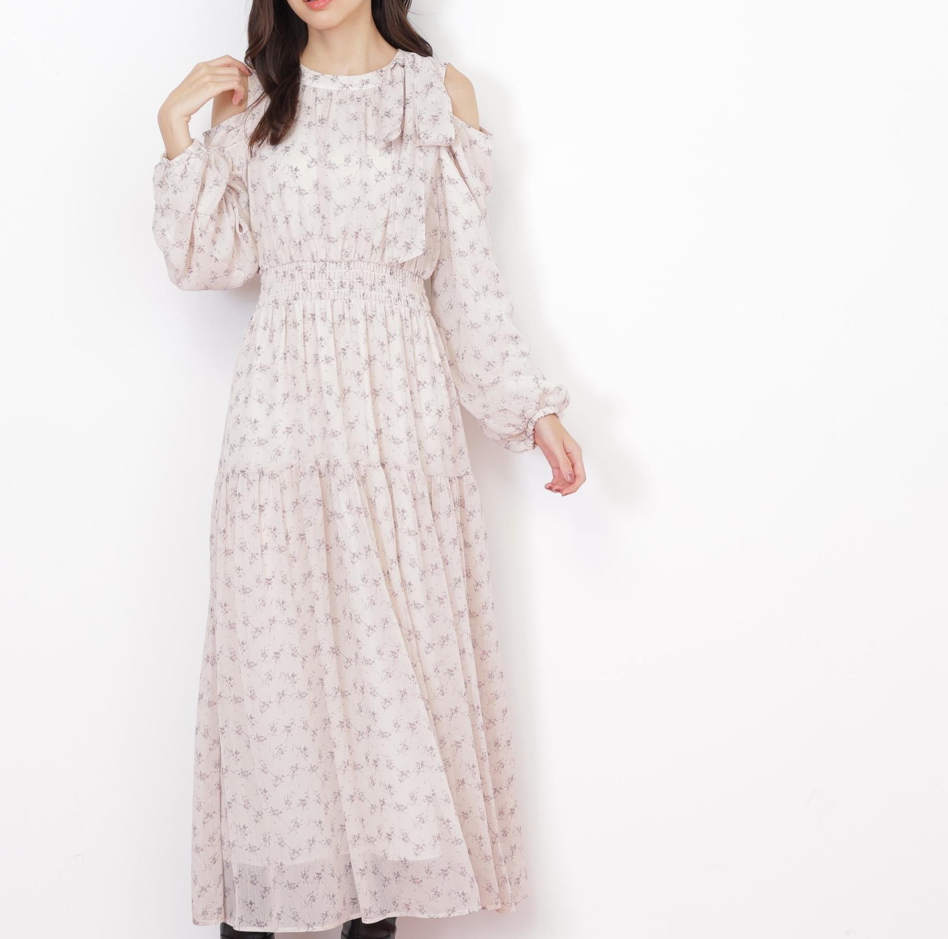 小花柄ボウタイワンピース エクリュ1