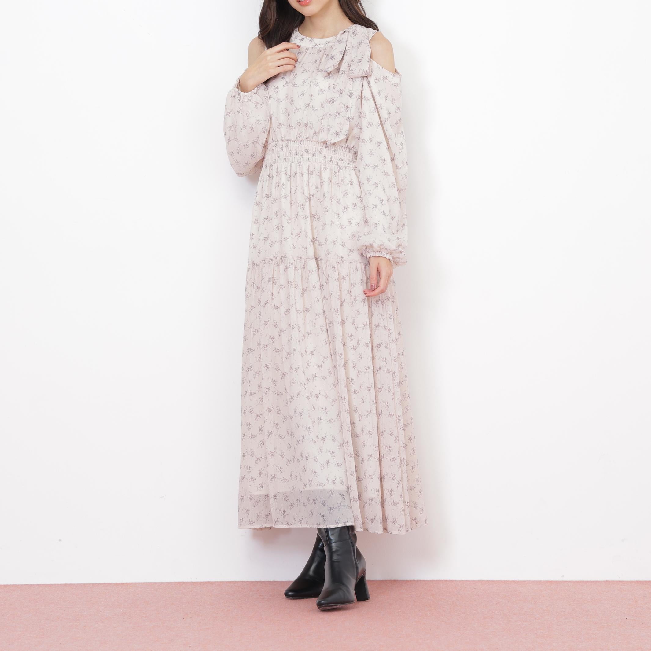 小花柄ボウタイワンピース エクリュ1