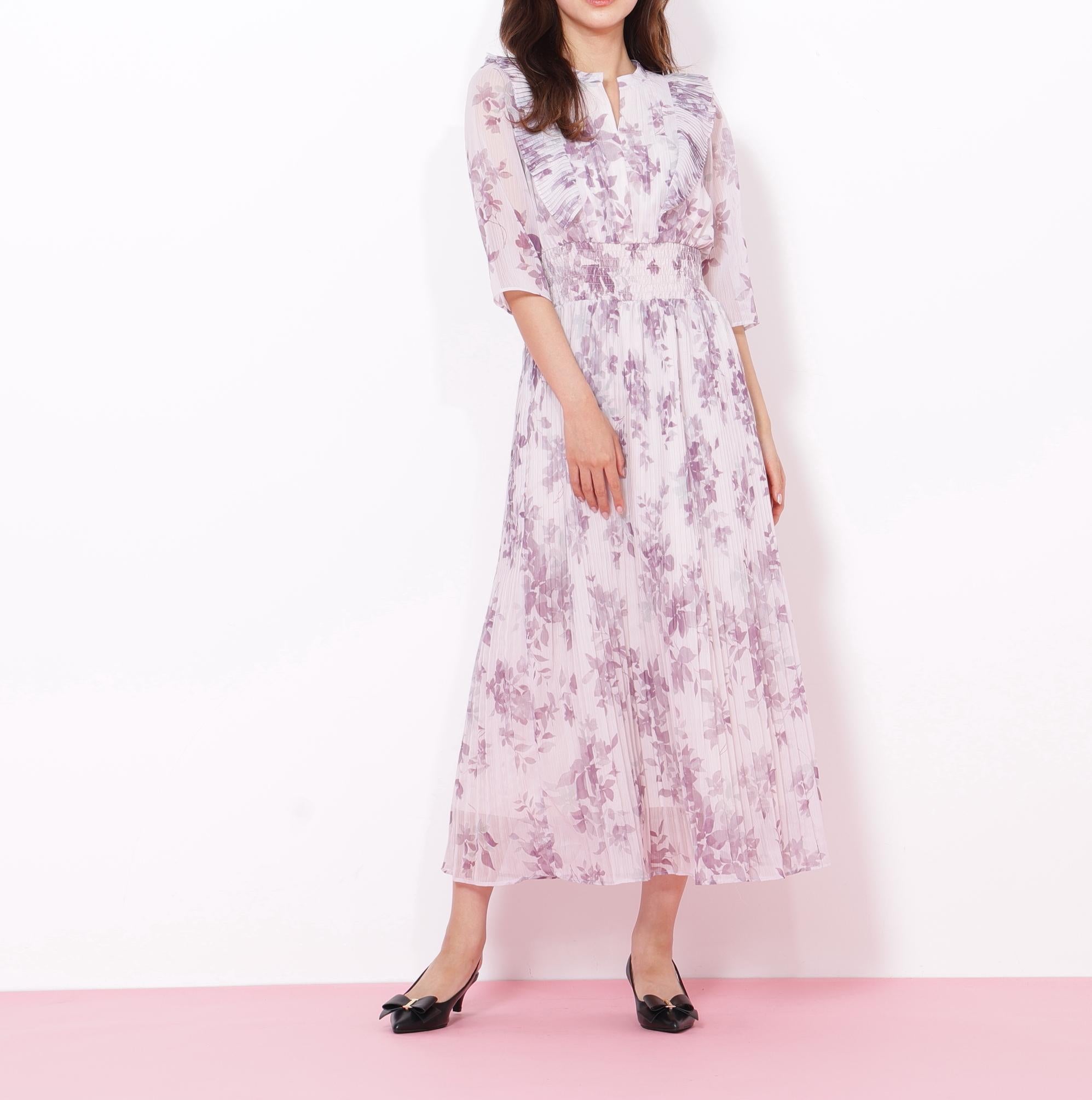 ぼかしフラワープリントワンピース ラベンダー1