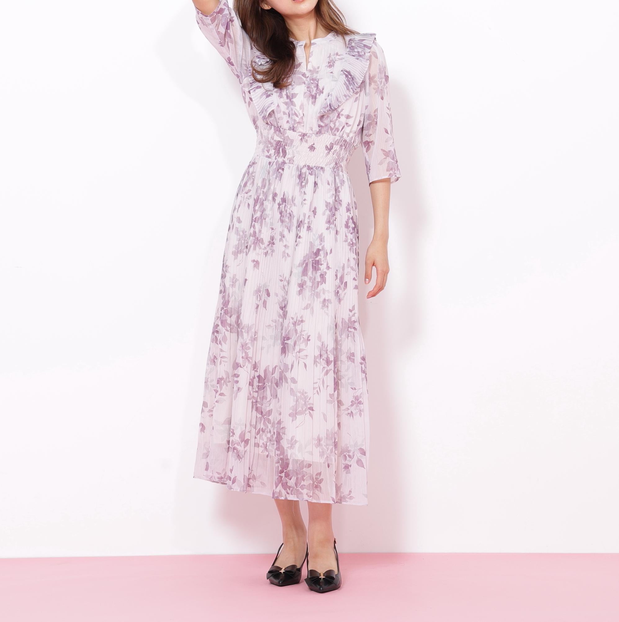 ぼかしフラワープリントワンピース ラベンダー1