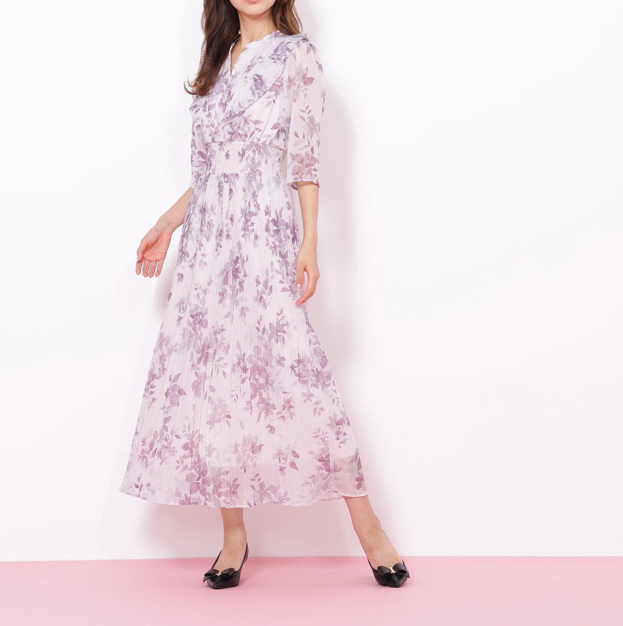 ぼかしフラワープリントワンピース ラベンダー1