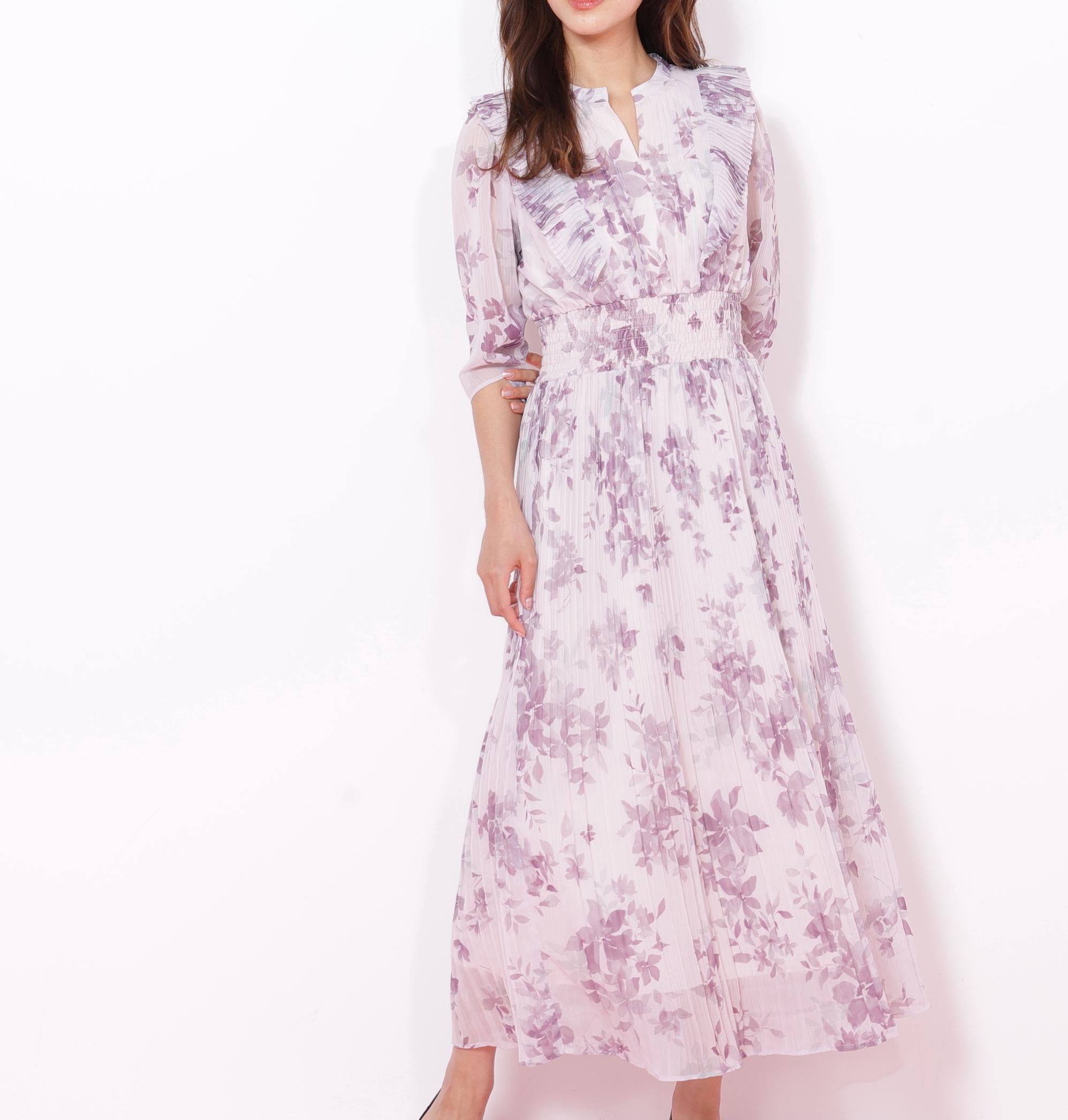 ぼかしフラワープリントワンピース ラベンダー1
