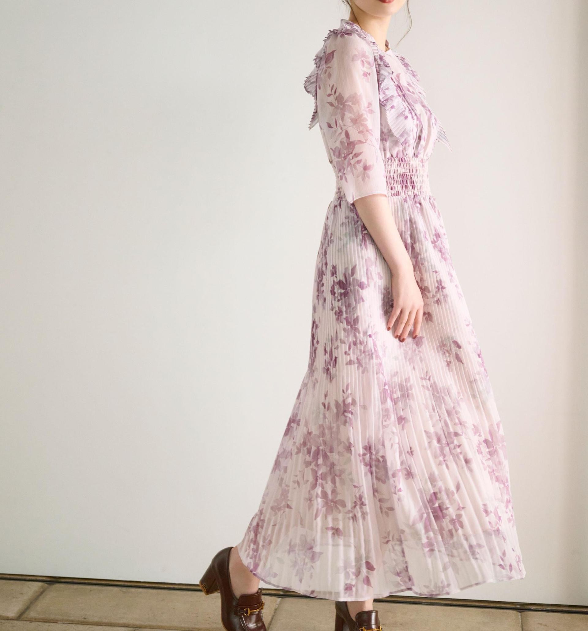 ぼかしフラワープリントワンピース ラベンダー1