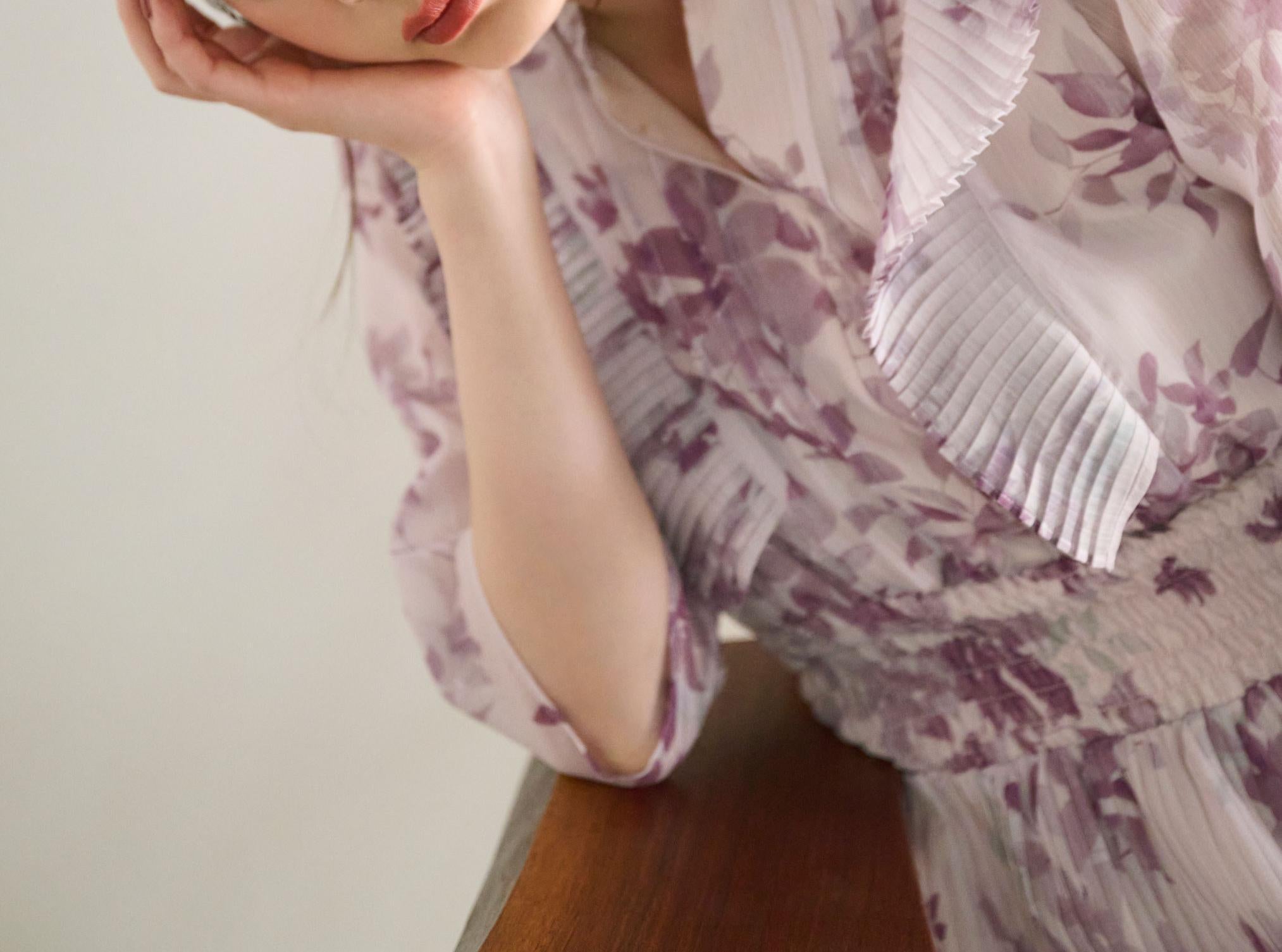 ぼかしフラワープリントワンピース ラベンダー1