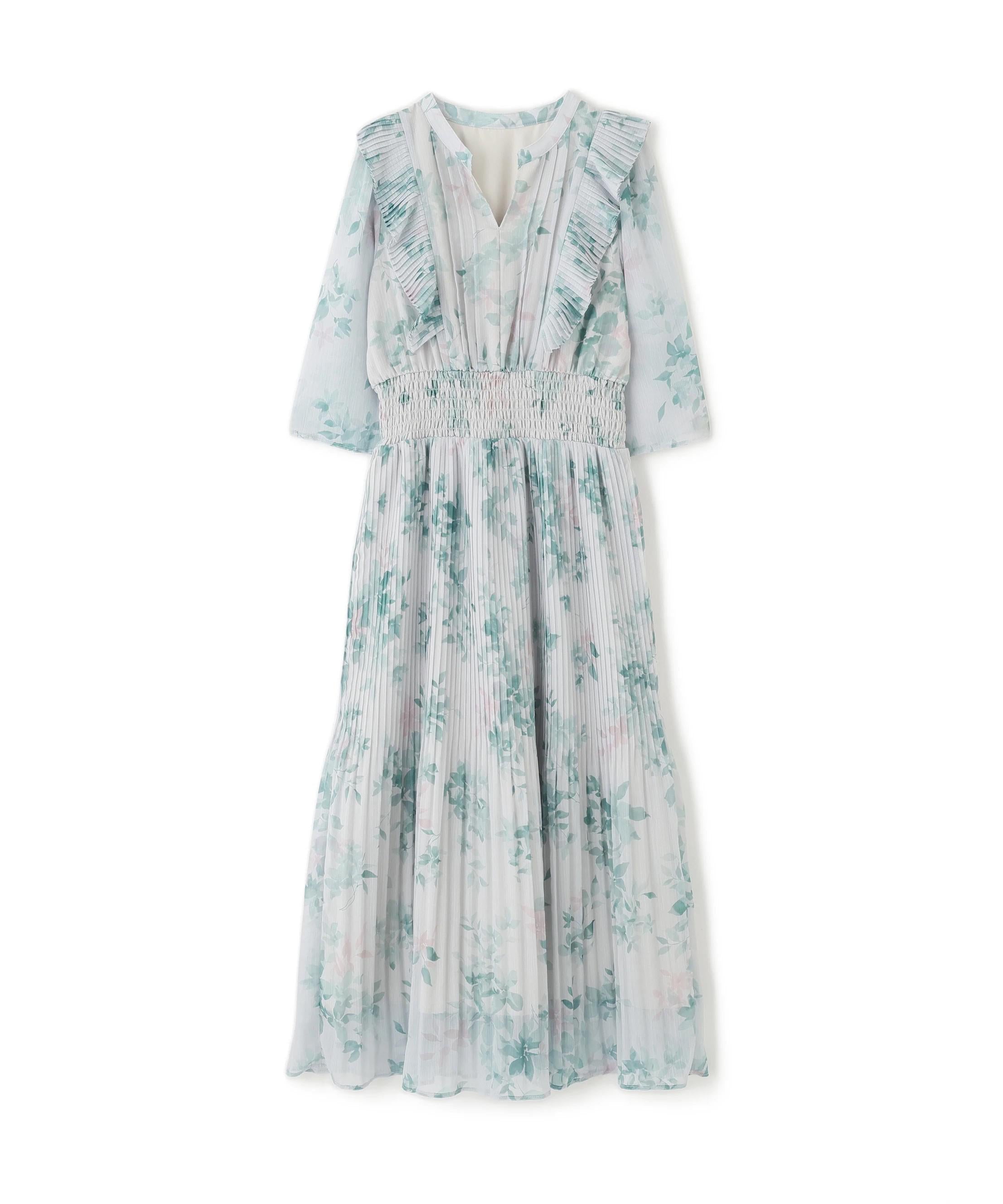 ぼかしフラワープリントワンピース グリーン1