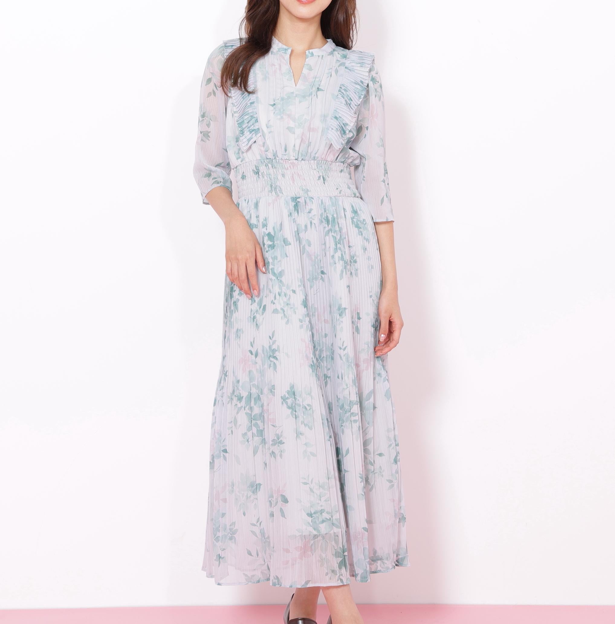 ぼかしフラワープリントワンピース グリーン1