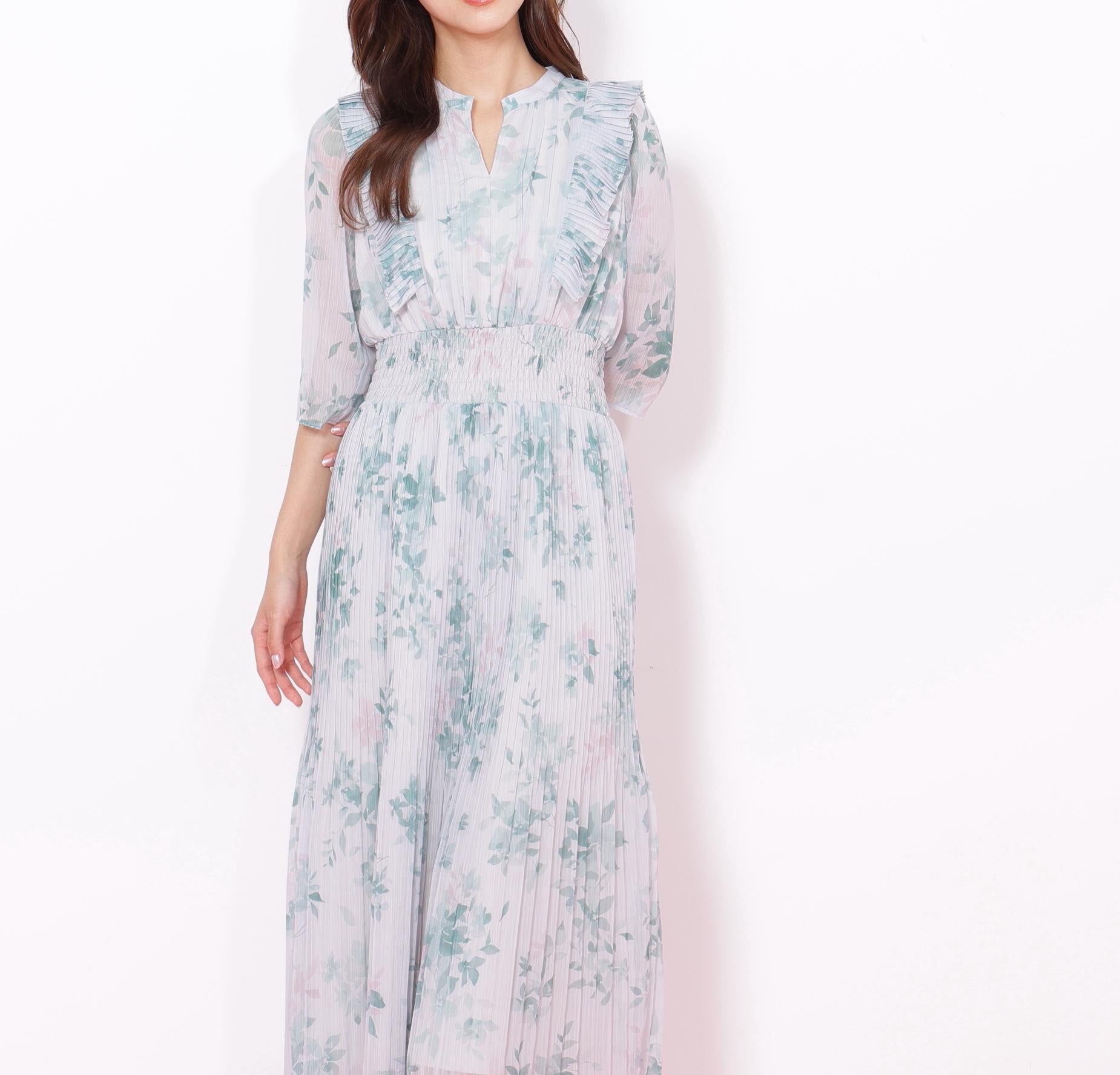 ぼかしフラワープリントワンピース グリーン1