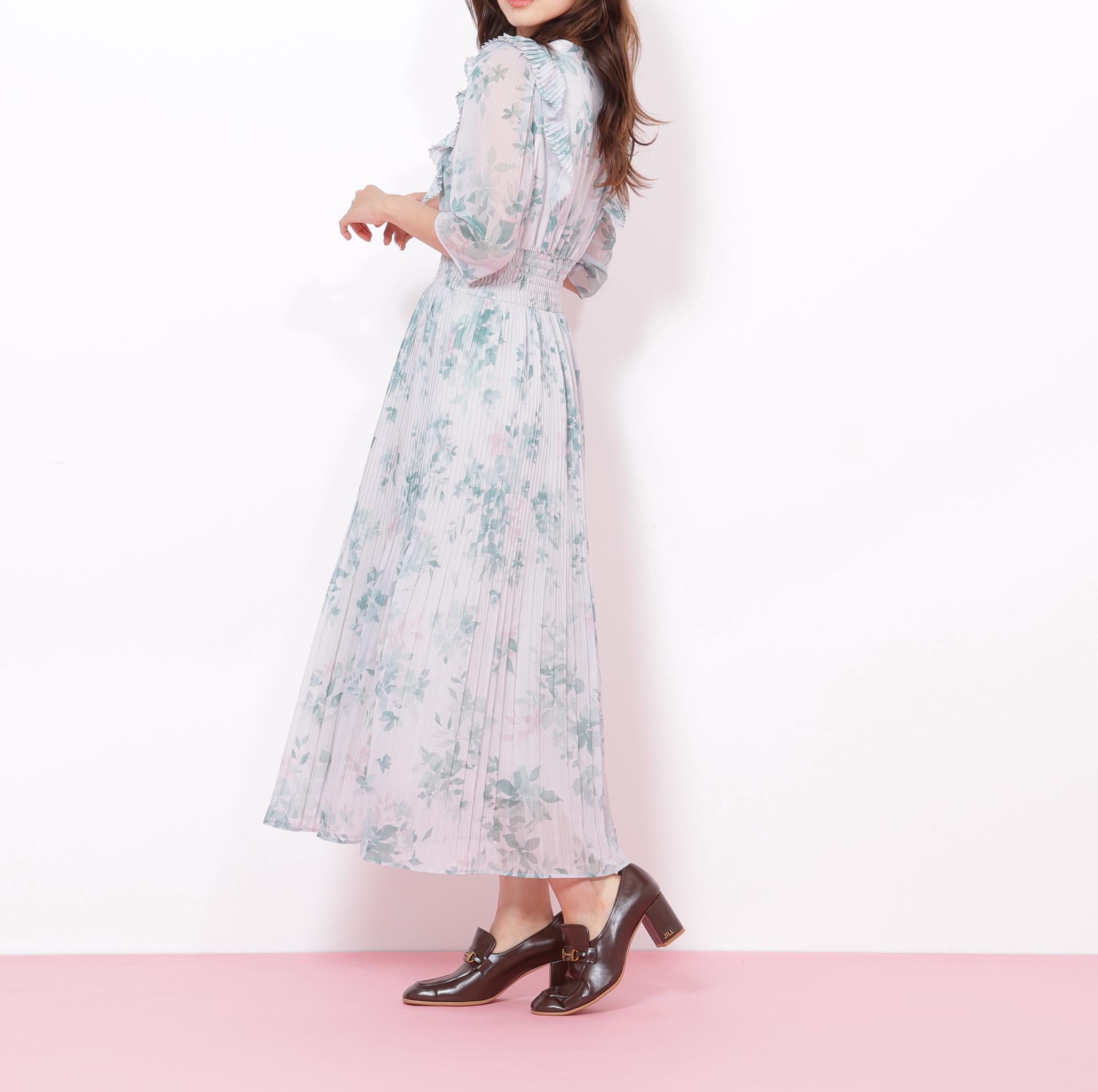 ぼかしフラワープリントワンピース グリーン1