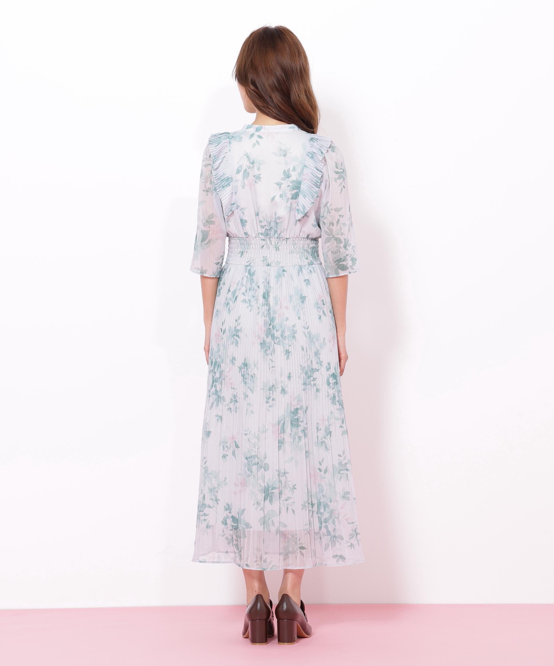 ぼかしフラワープリントワンピース グリーン1