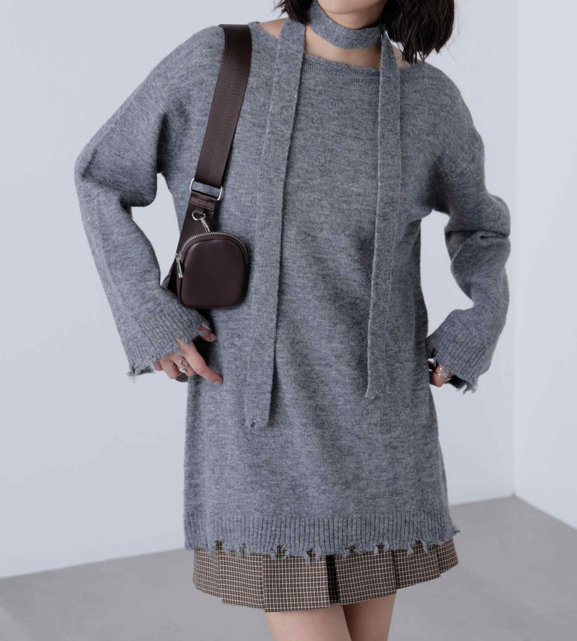 モヘヤ混タイ付きルーズミニワンピース グレー