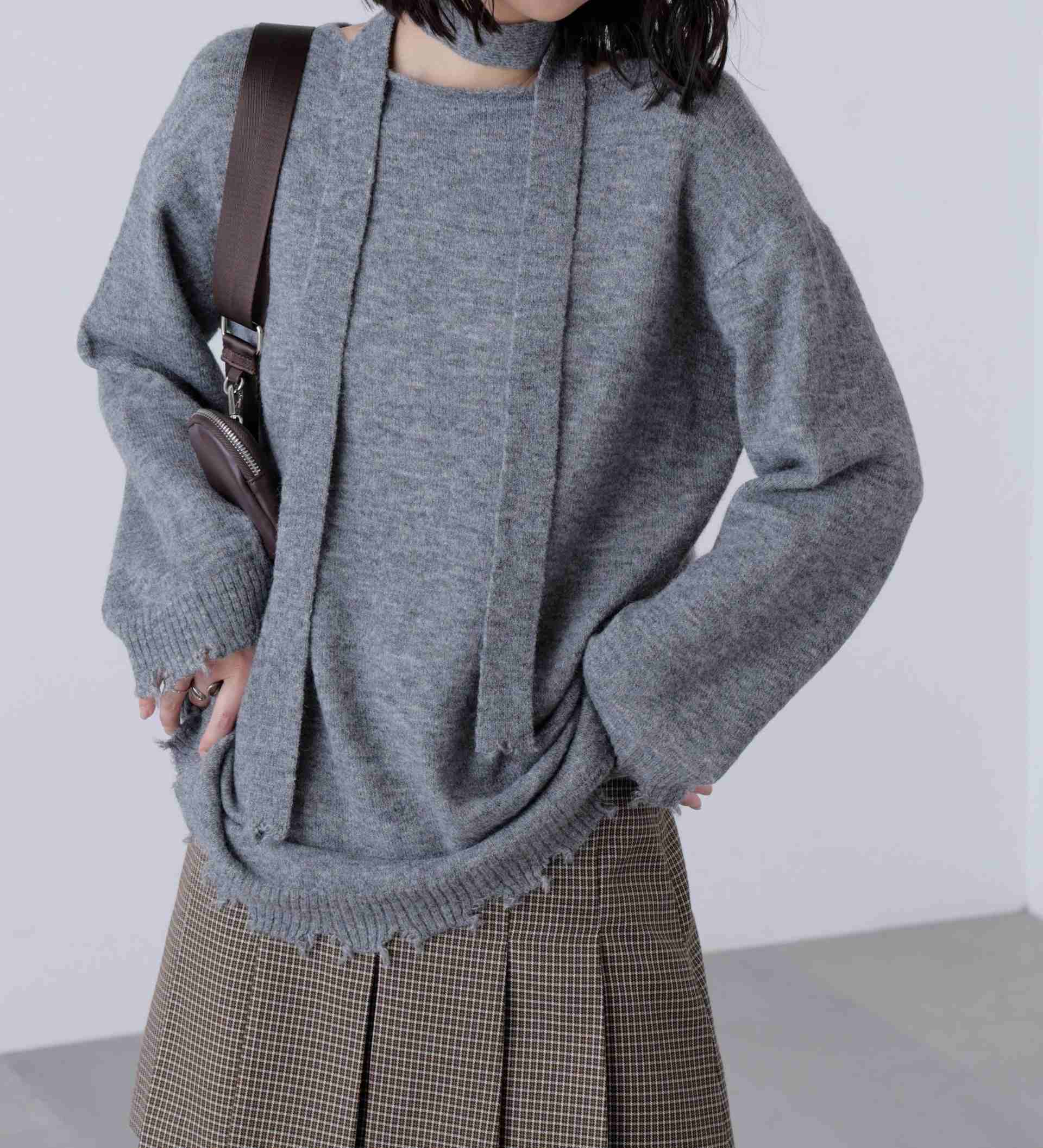 モヘヤ混タイ付きルーズミニワンピース グレー