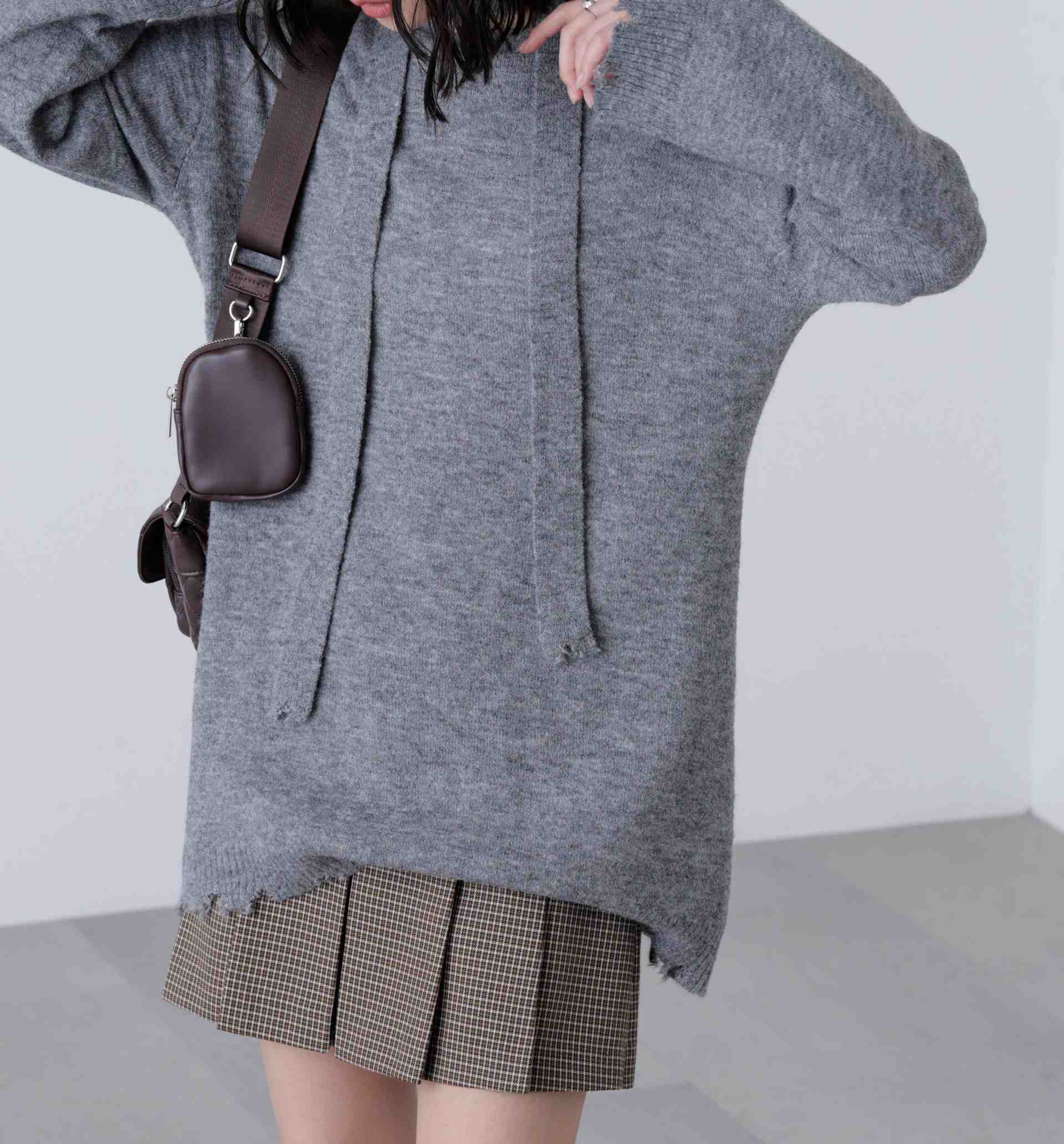 モヘヤ混タイ付きルーズミニワンピース グレー