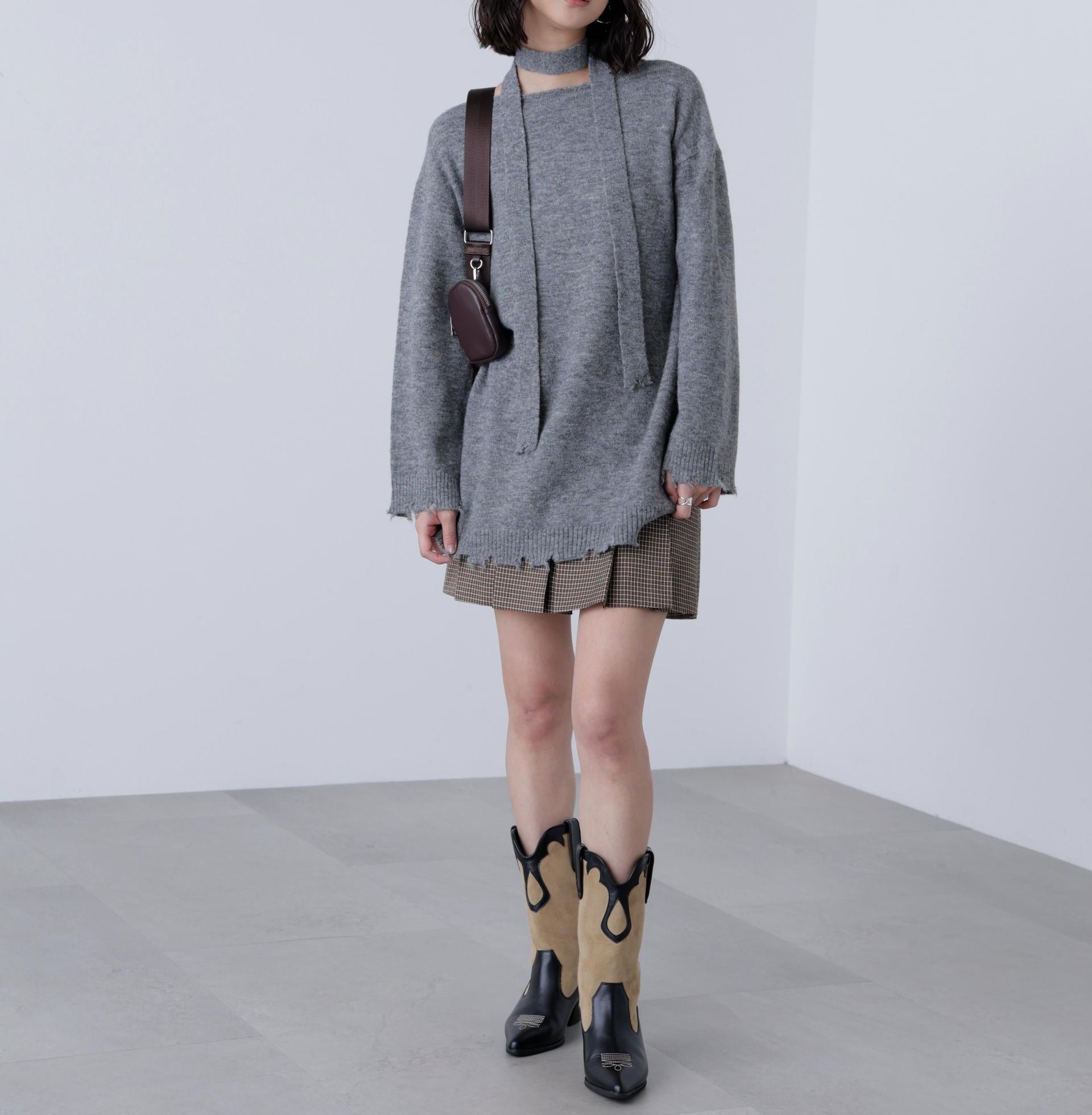 モヘヤ混タイ付きルーズミニワンピース グレー