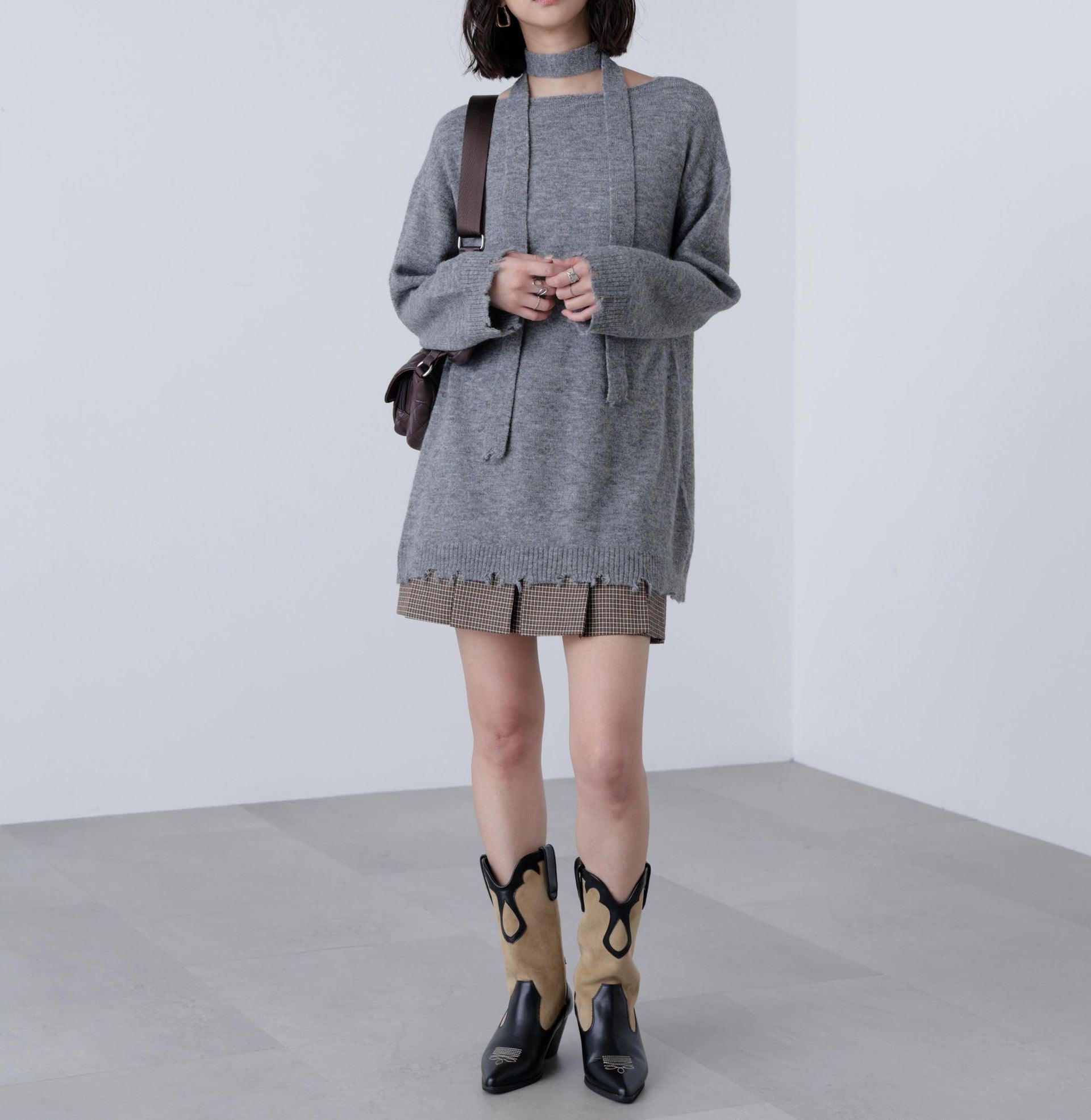 モヘヤ混タイ付きルーズミニワンピース グレー