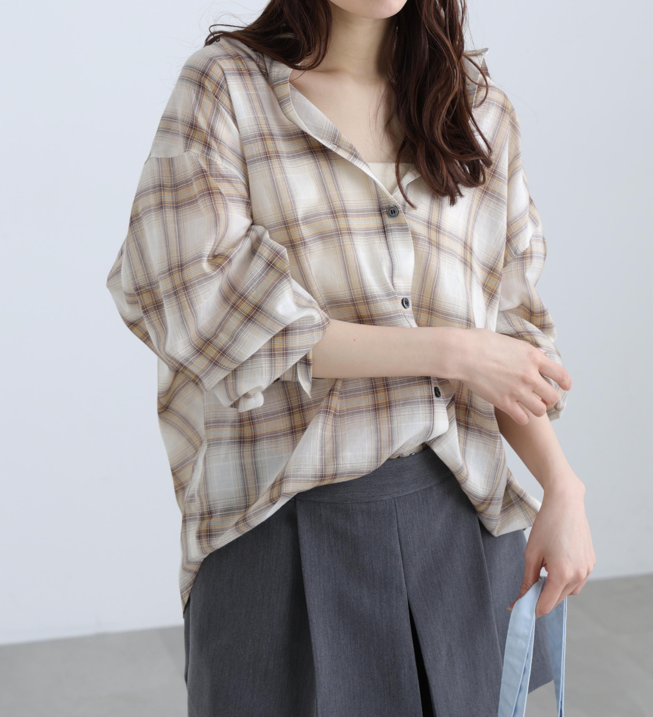 シアーチェックシャツ ブラウンベース1