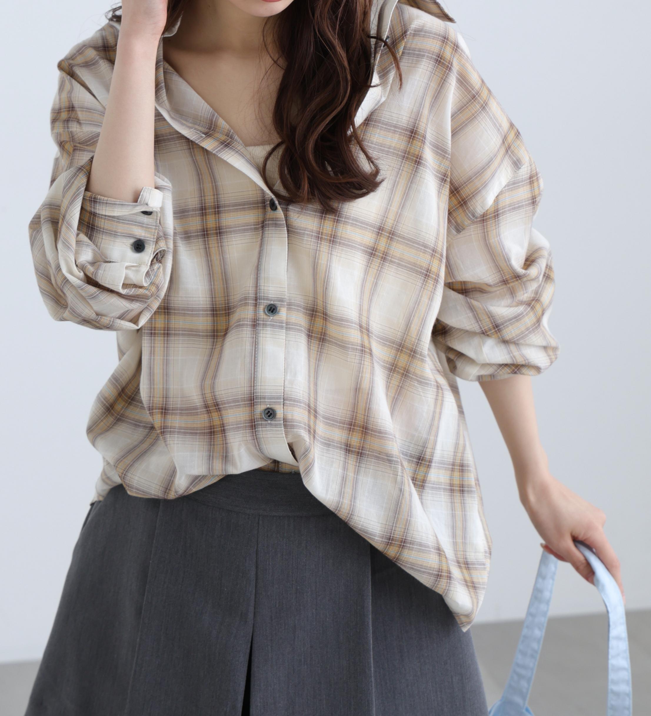 シアーチェックシャツ ブラウンベース1