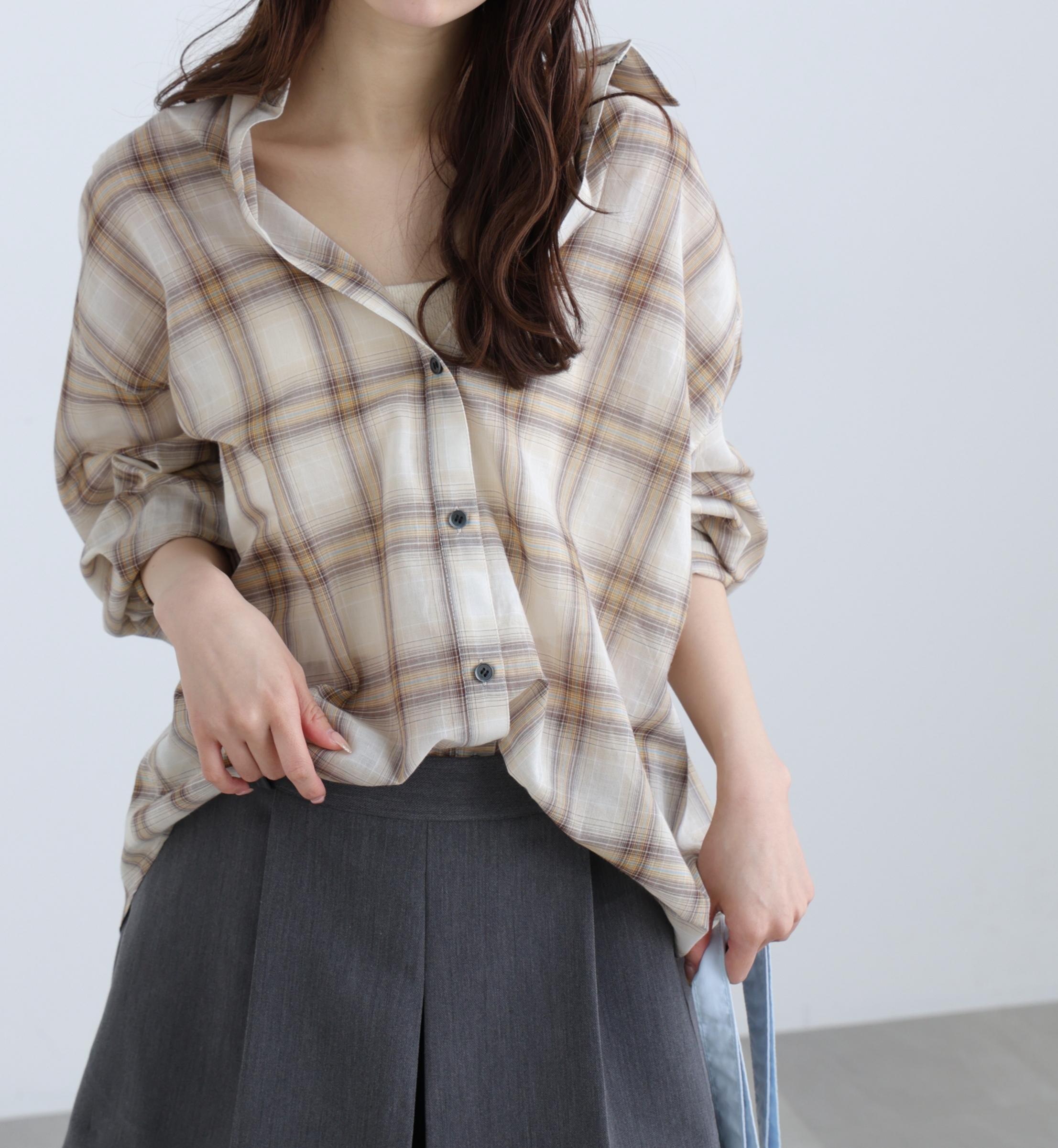 シアーチェックシャツ ブラウンベース1