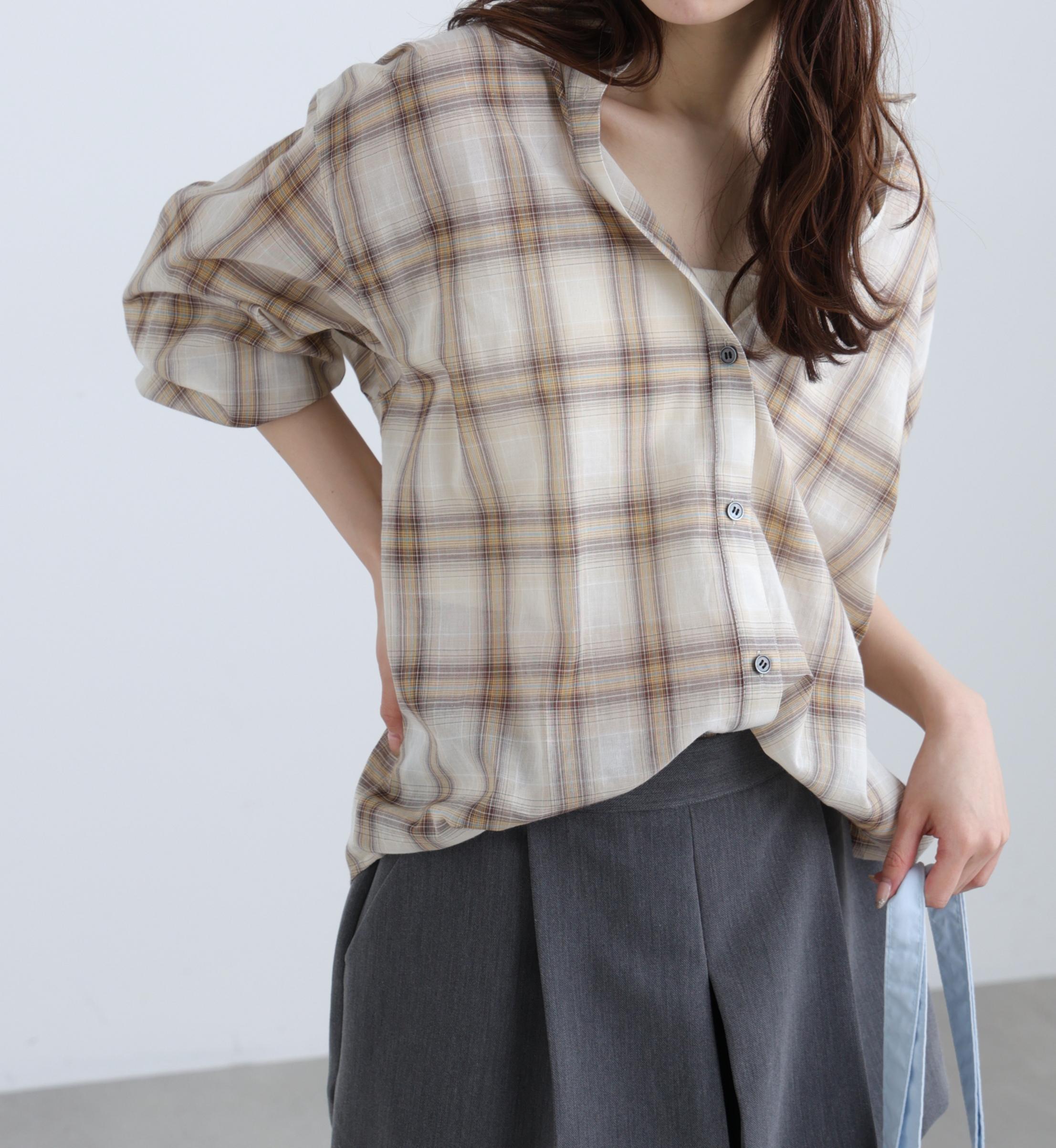 シアーチェックシャツ ブラウンベース1