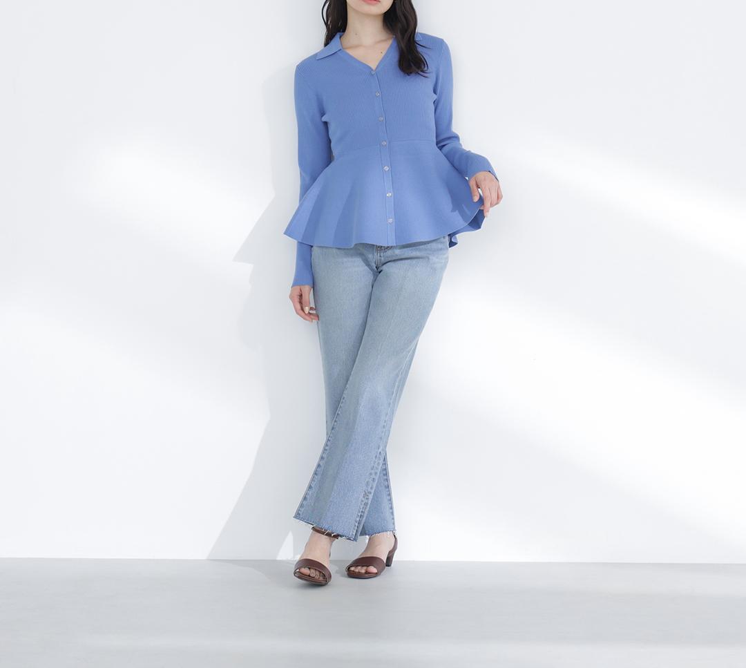 サイドスリットストレートデニムパンツ ブルー