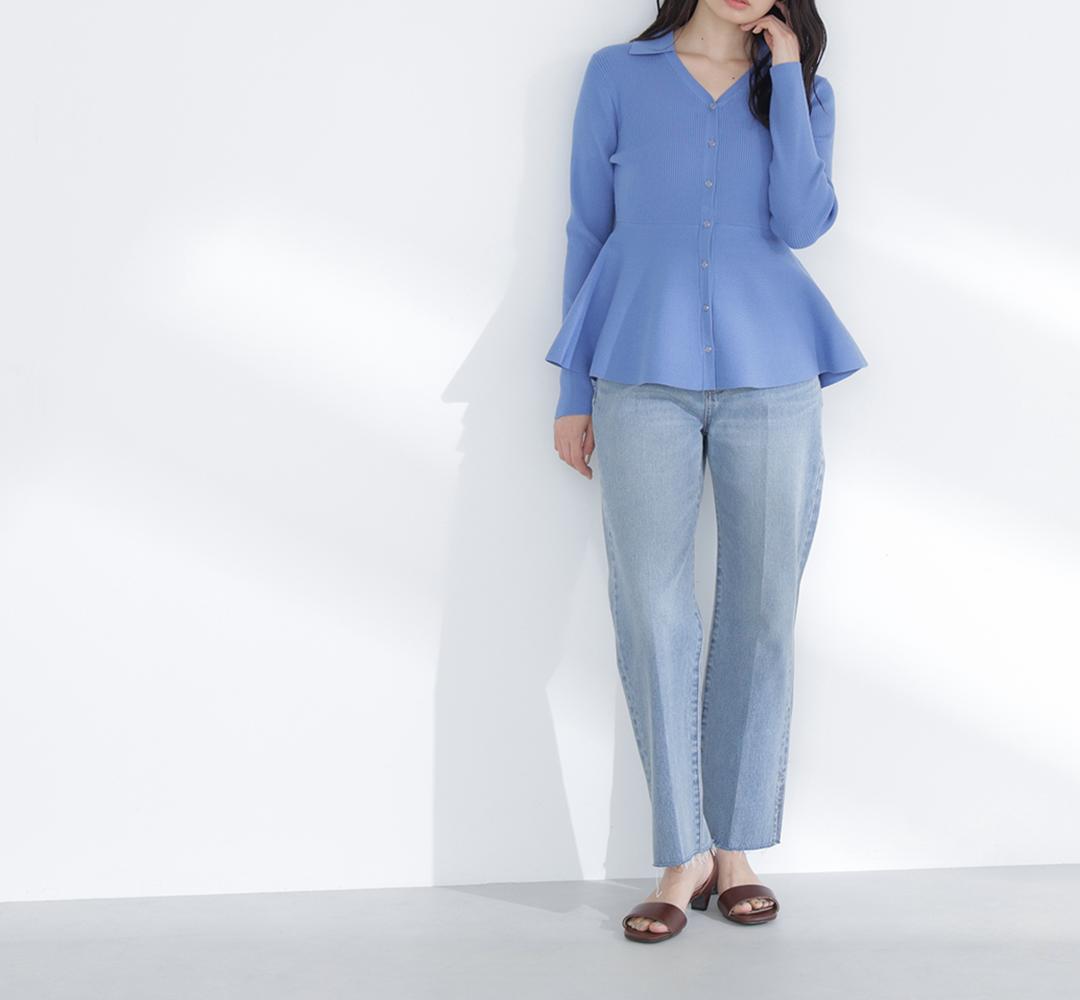 サイドスリットストレートデニムパンツ ブルー