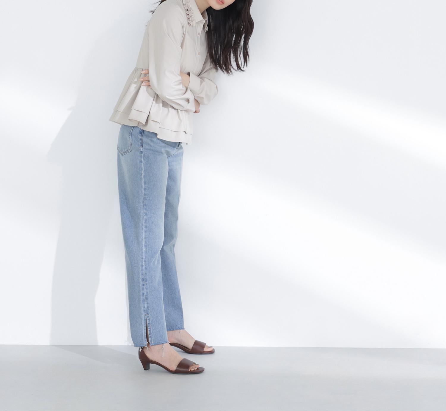 サイドスリットストレートデニムパンツ ブルー