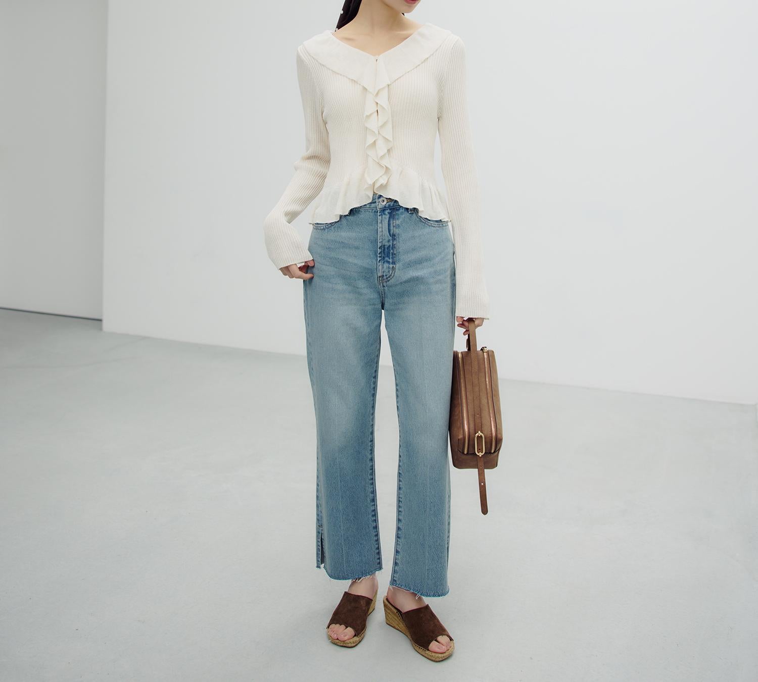 サイドスリットストレートデニムパンツ ブルー