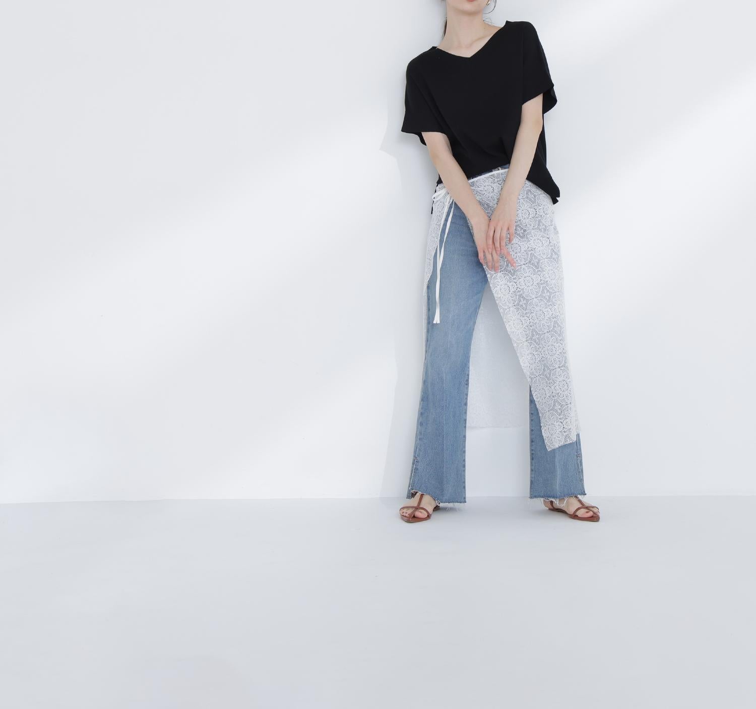 サイドスリットストレートデニムパンツ ブルー