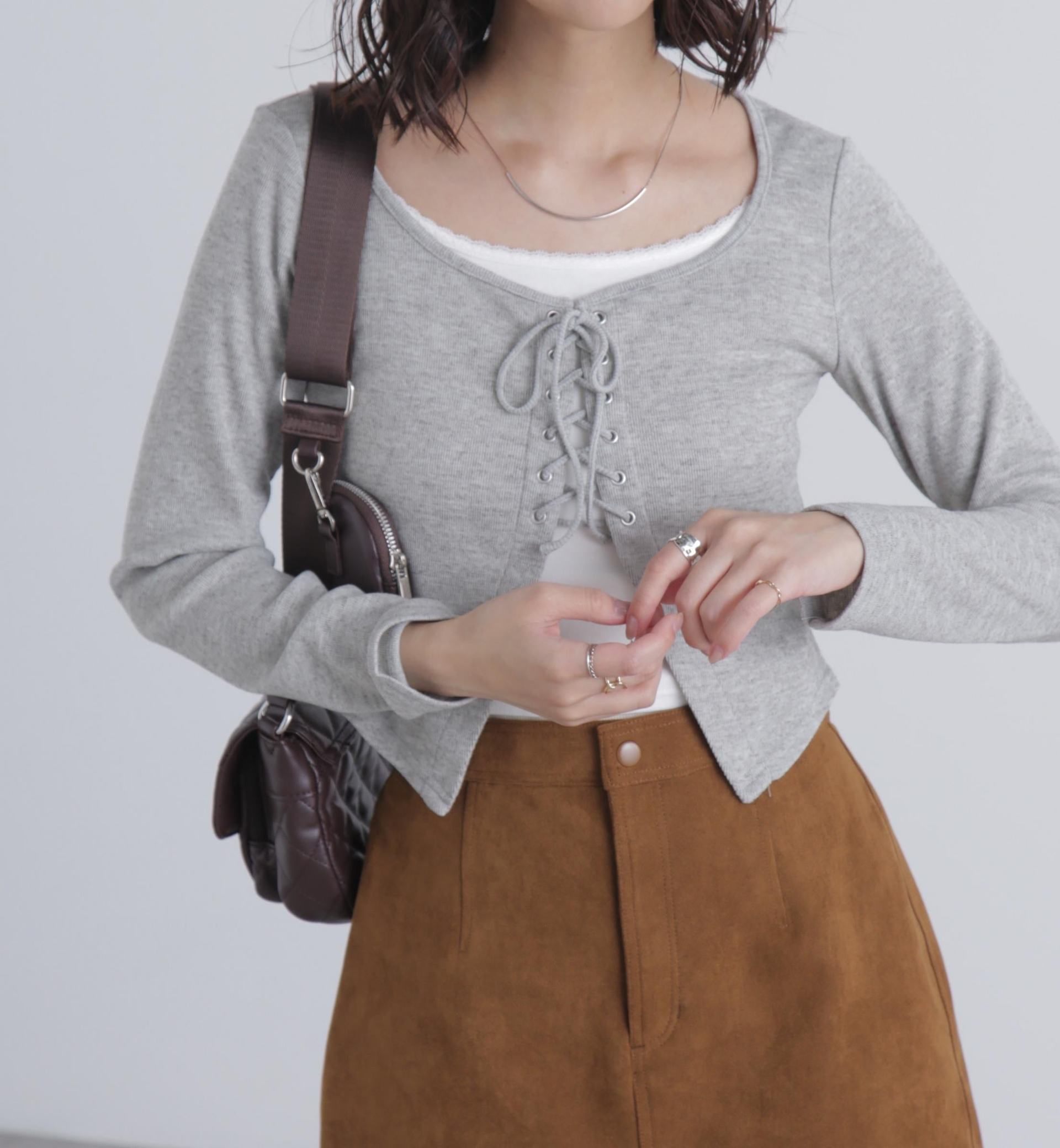 レースアップレイヤード長袖カットソー グレー