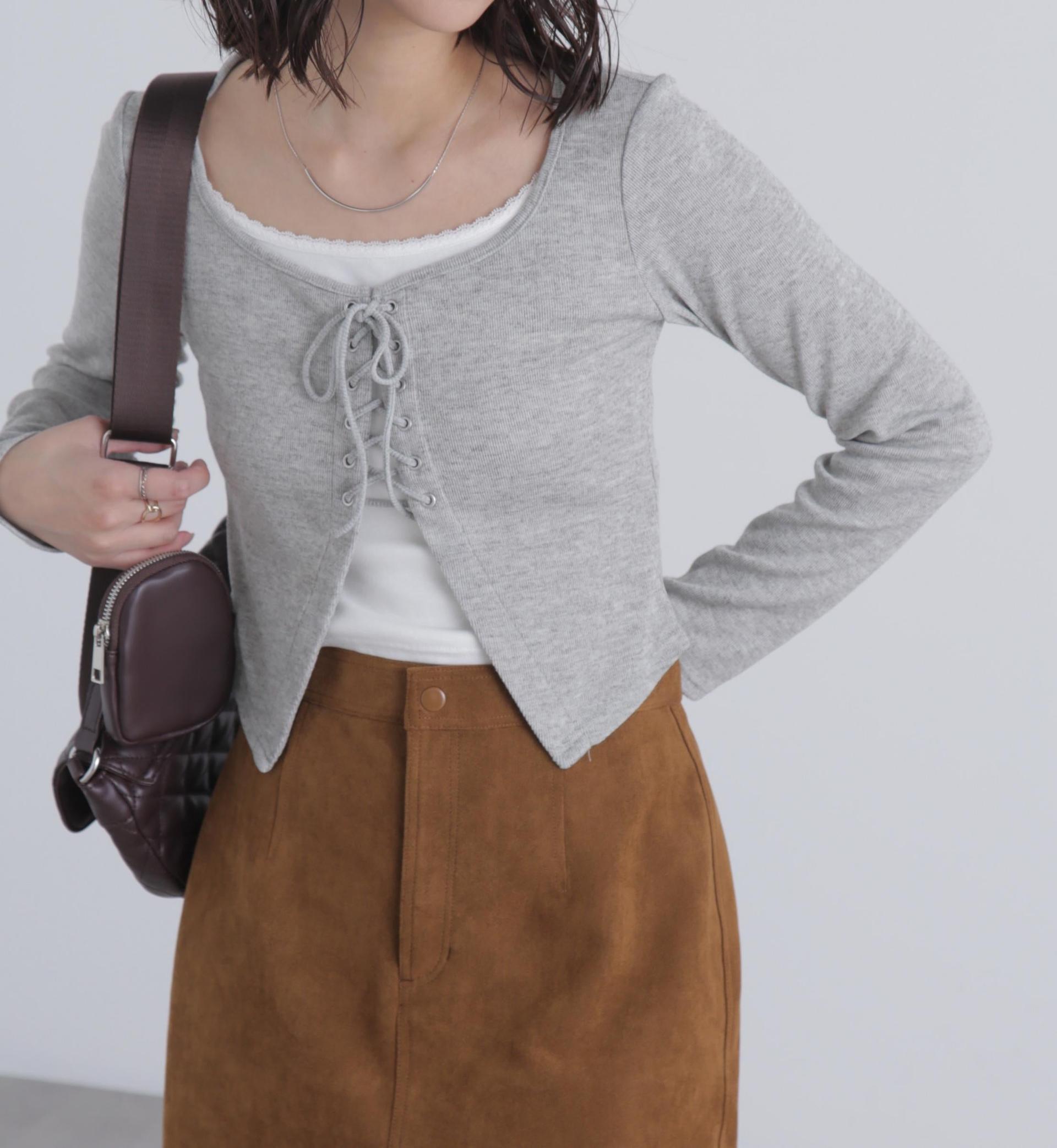 レースアップレイヤード長袖カットソー グレー