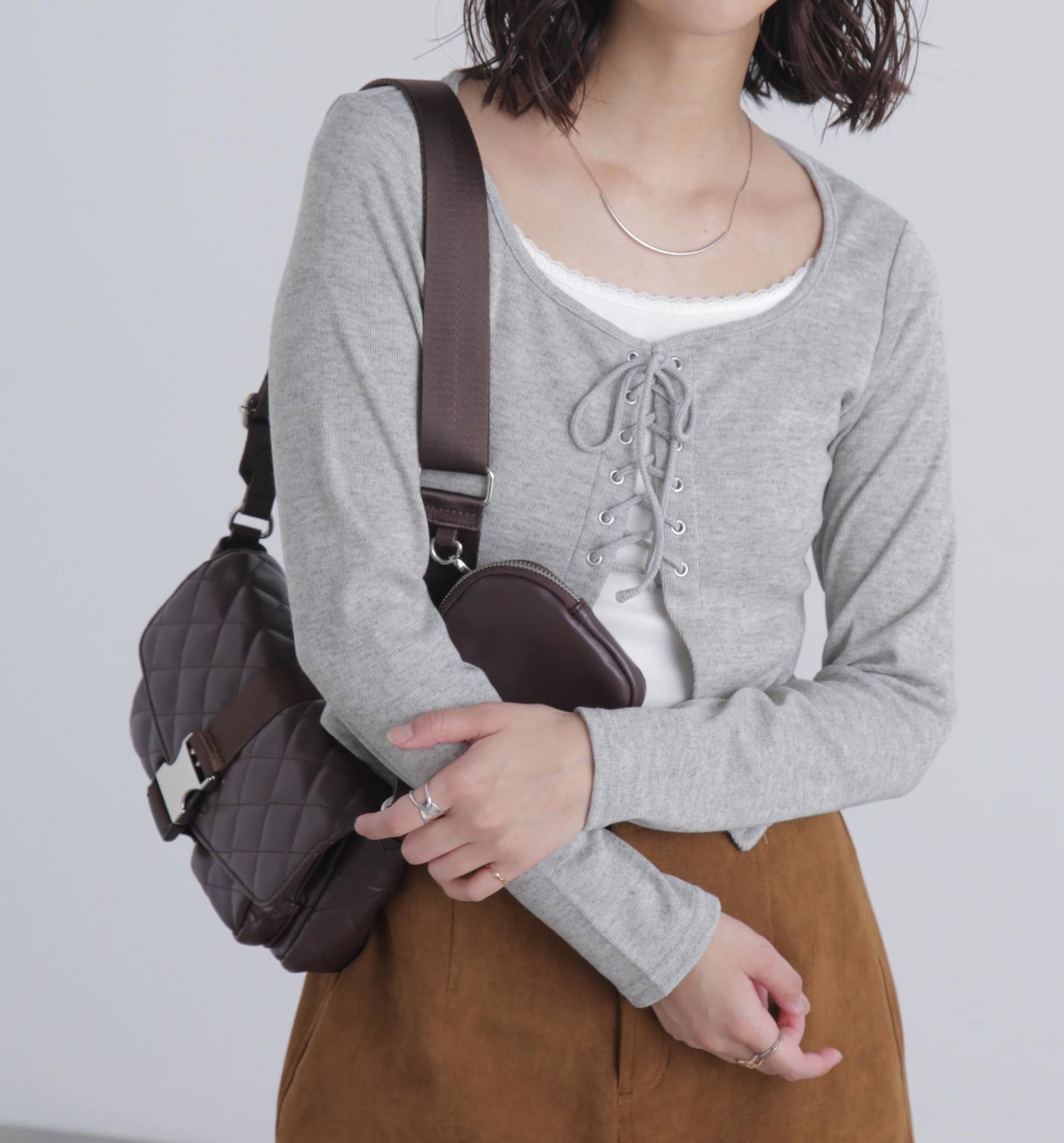 レースアップレイヤード長袖カットソー グレー
