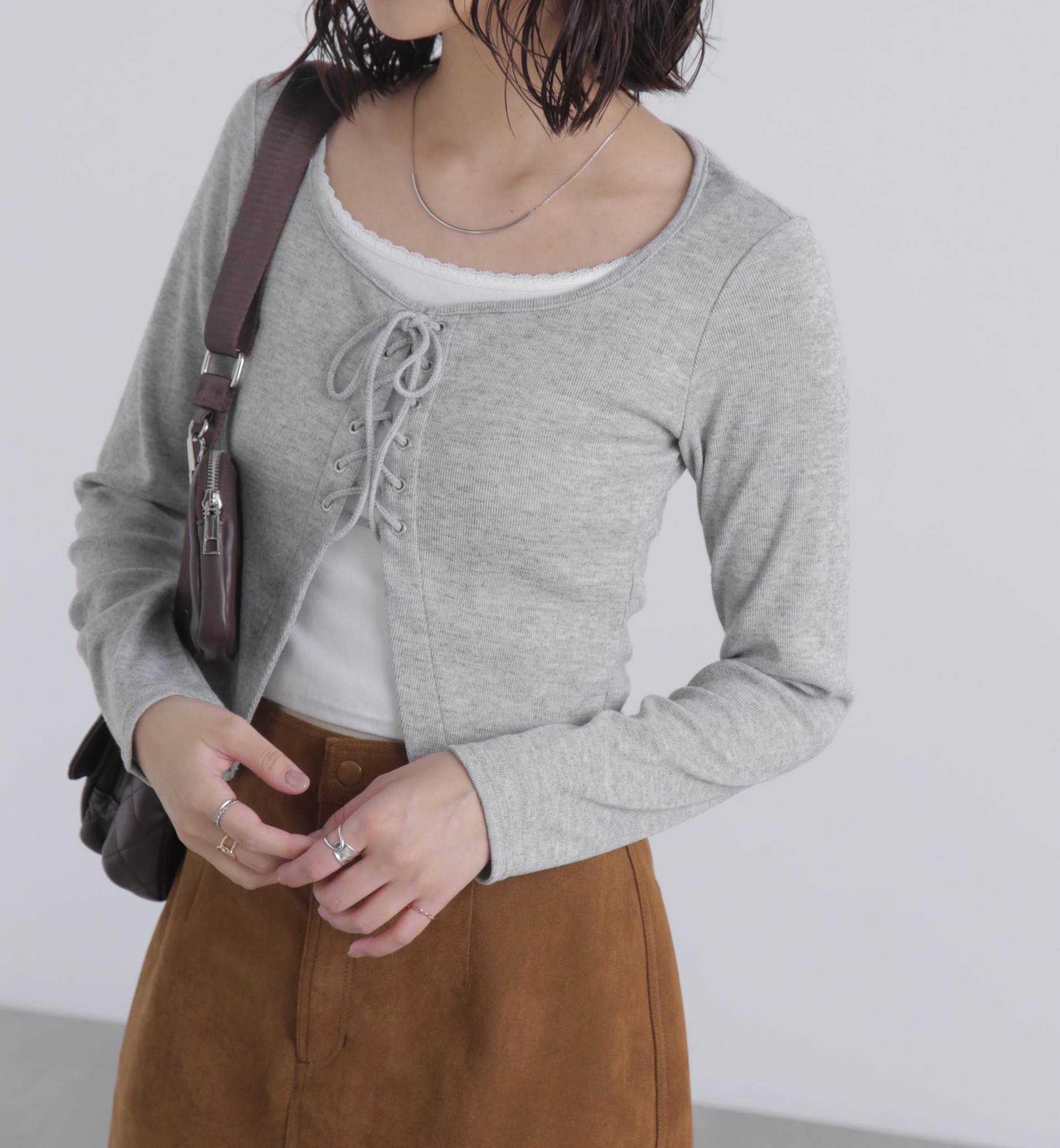 レースアップレイヤード長袖カットソー グレー